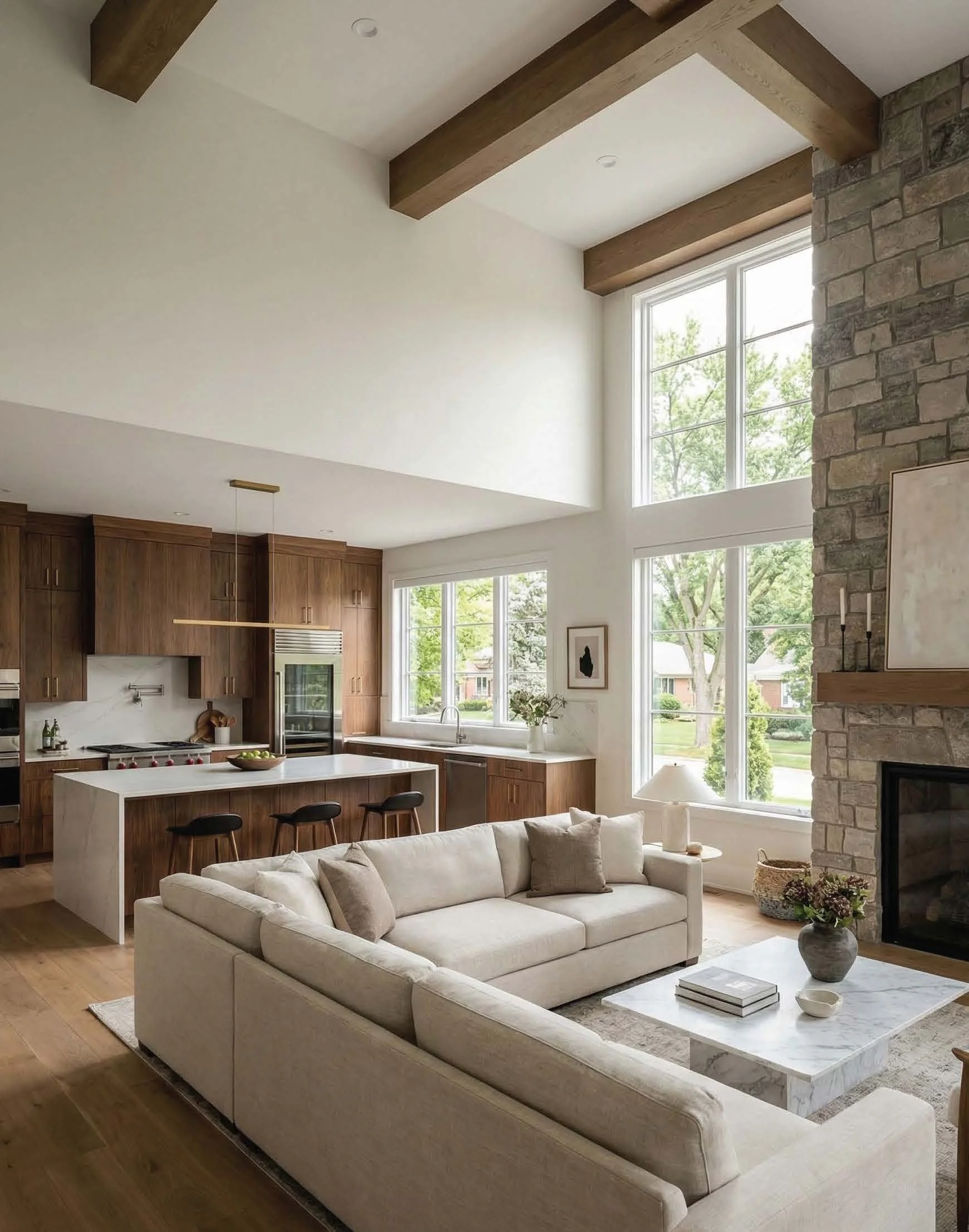 An open-concept living room and kitchen area with high ceilings, exposed wooden beams, large windows, a stone fireplace, a white sofa with beige pillows, a marble coffee table with decorative items, and wooden cabinetry in the kitchen.