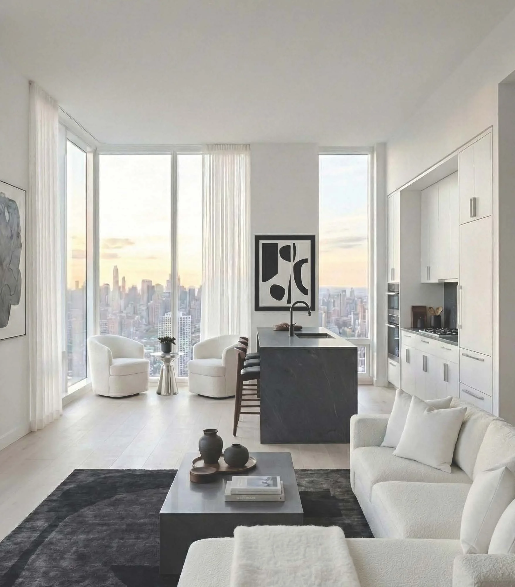 Modern high-rise apartment living room with large windows, white furniture, black and white artwork, and a city skyline view.