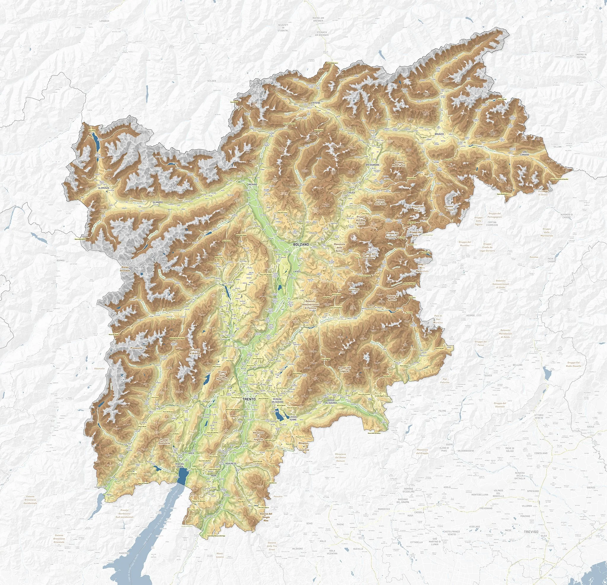 Trentino Alto-Adige - Carta Ipsometrica con curve di livello  3d