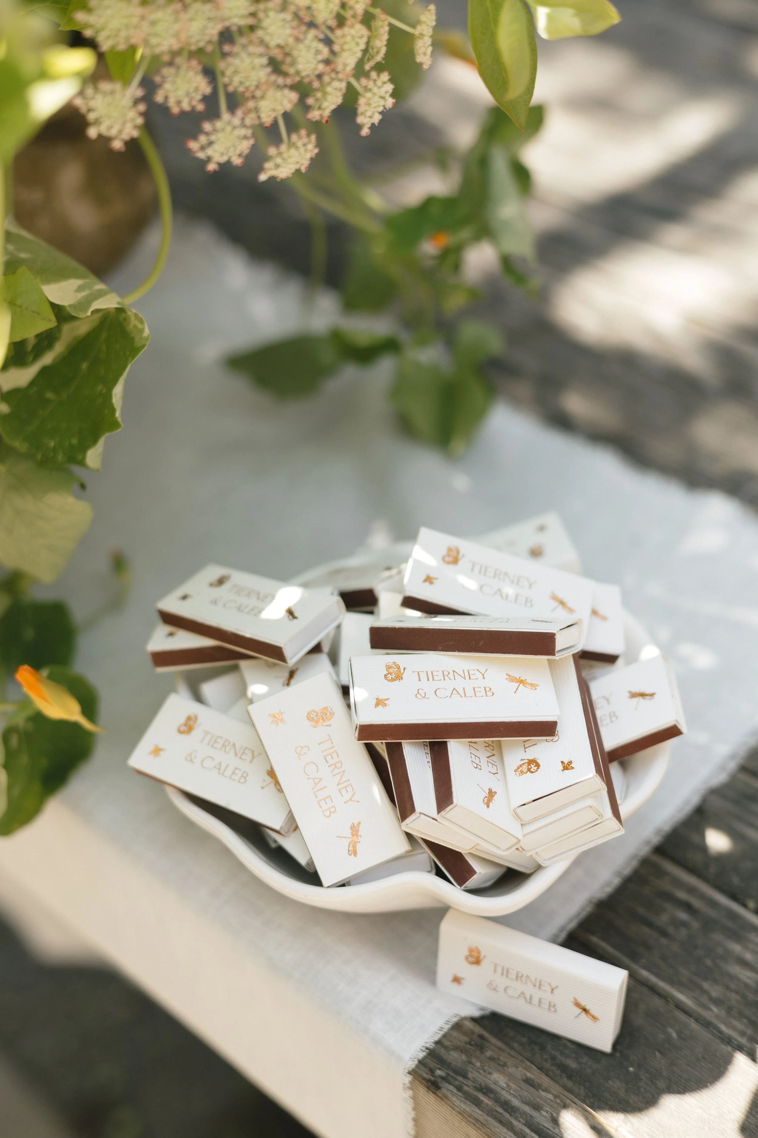 A white bowl containing small boxes labeled 'Tierney & Caleb' with illustrated insects, placed on a wooden surface next to a potted plant with variegated leaves, with a white cloth underneath.