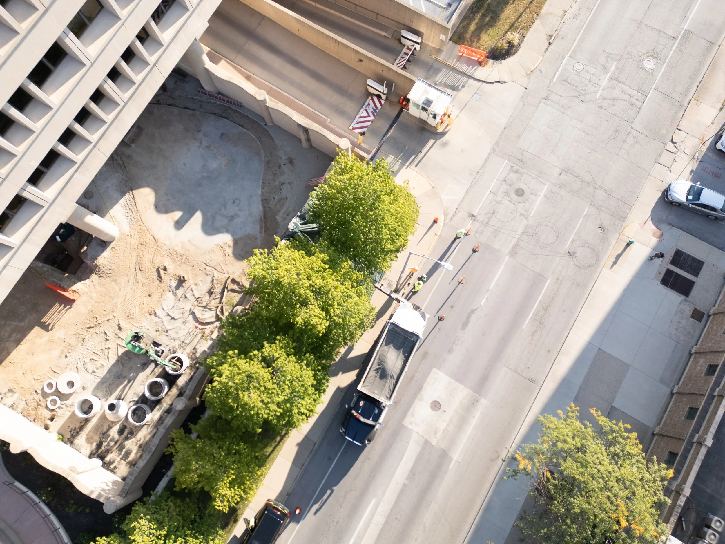 An above shot of a GCI truck executing a muncipal aggregate delivery job