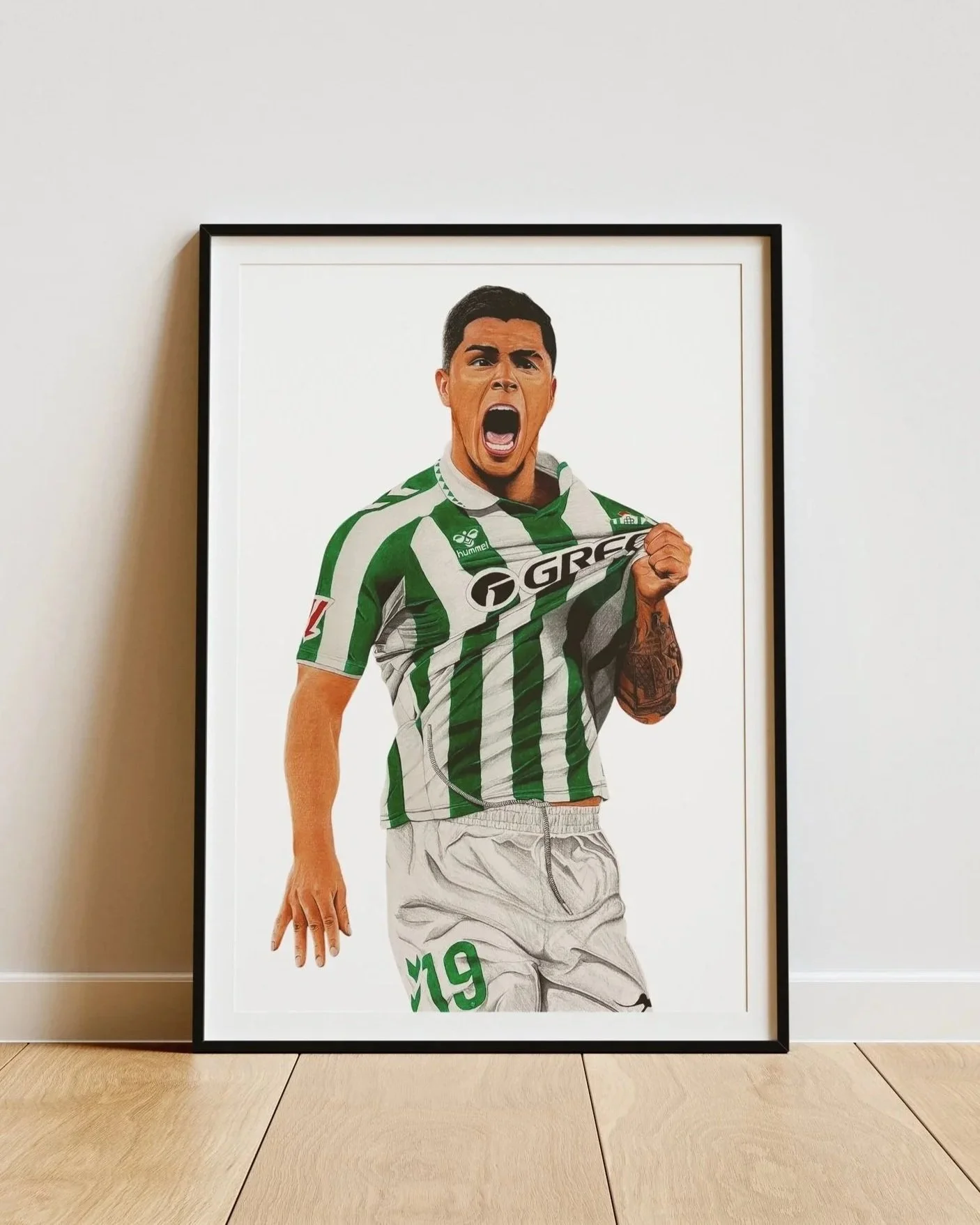 Dibujo a lapices de colores de Cucho Hernández con el Real Betis Balombie
