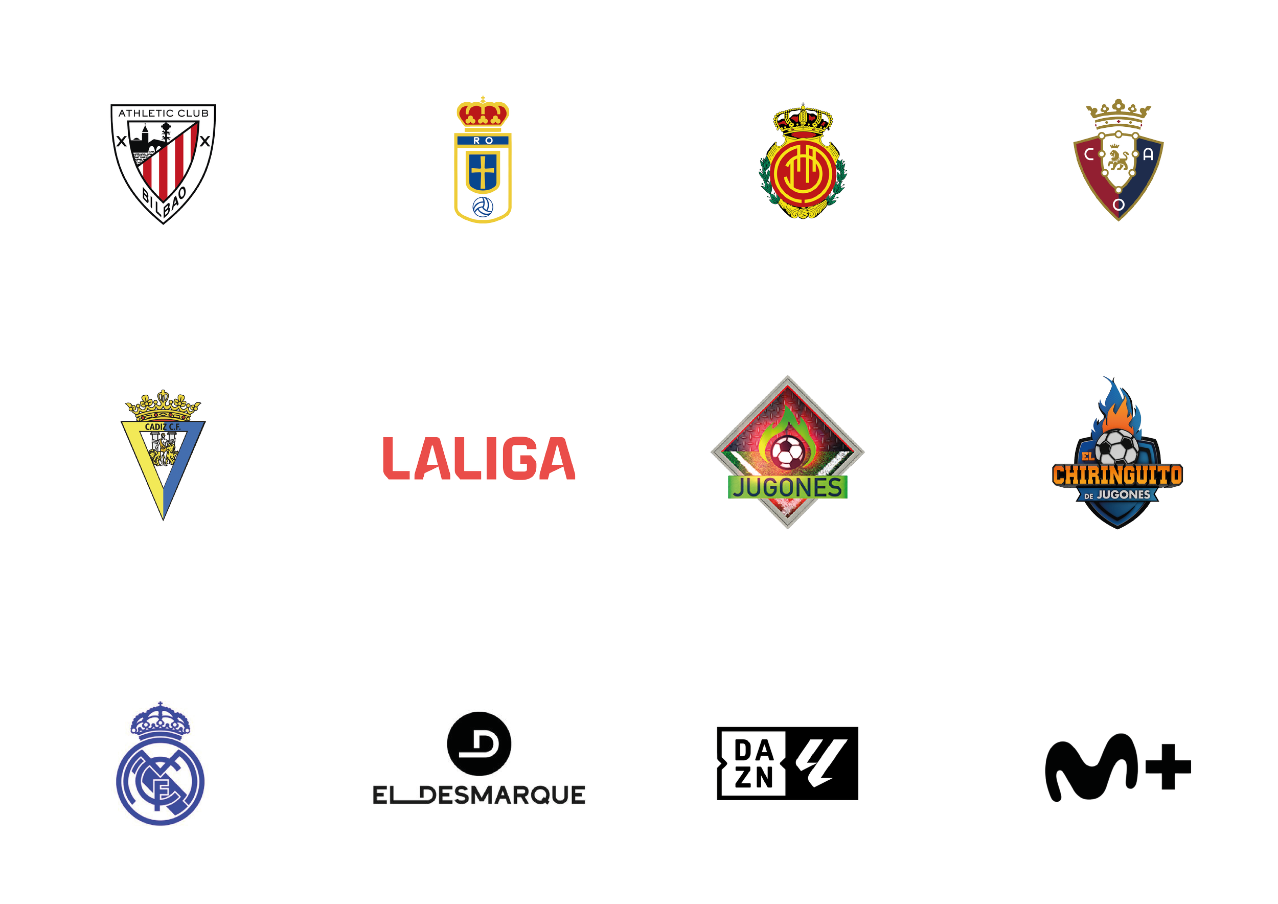 Logos de mis colaboraciones de varios clubes de futbol  y marcas de televisión deportiva , incluido Athletic Club de Bilbao, Real Madrid, Osasuna, Cádiz, La sexta Jugones y El Chiringuito, con texto en español que dice 'LALIGA' y 'JUGONES'.