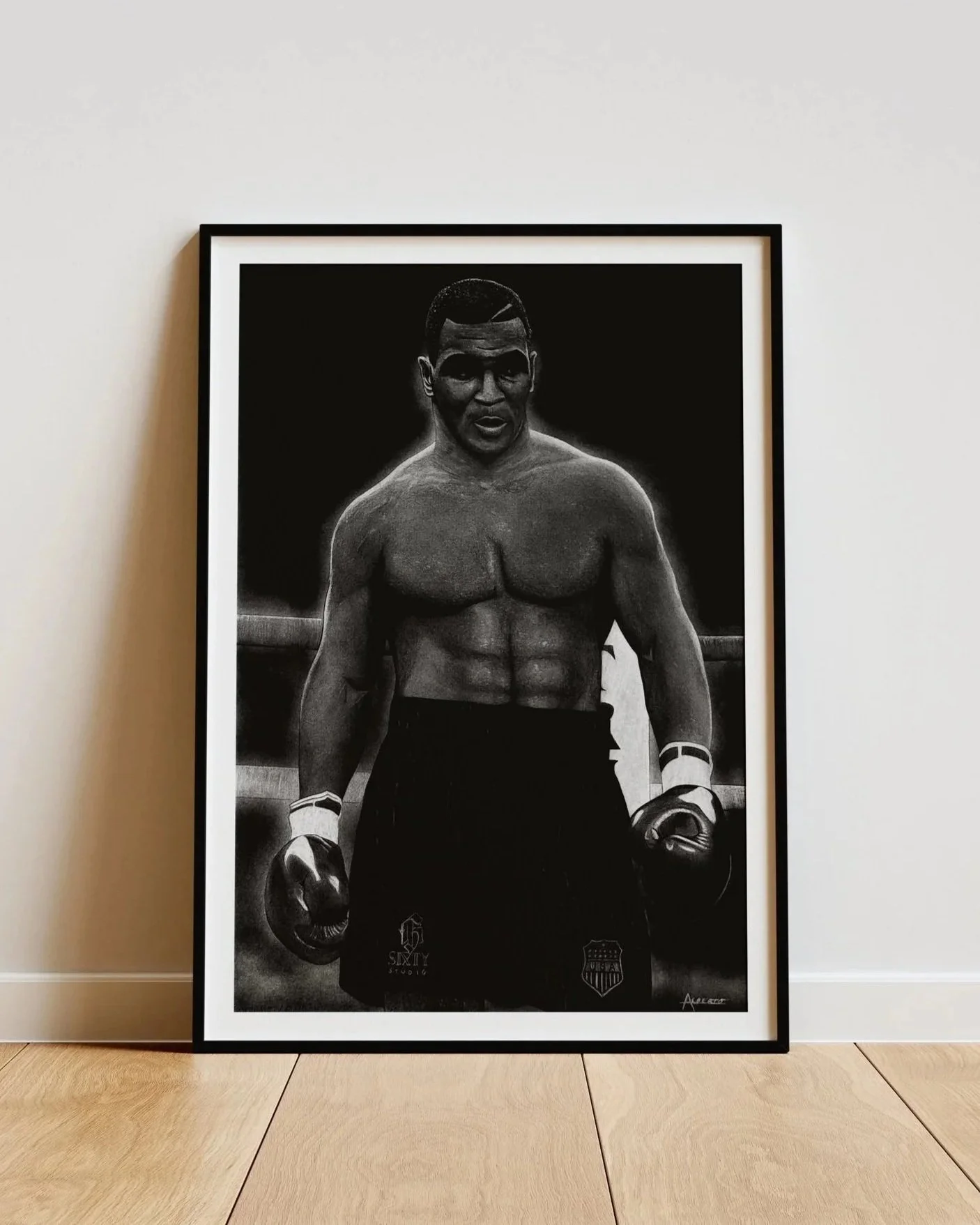 Dibujo a mano con lápiz en blanco y negro de Mike Tyson