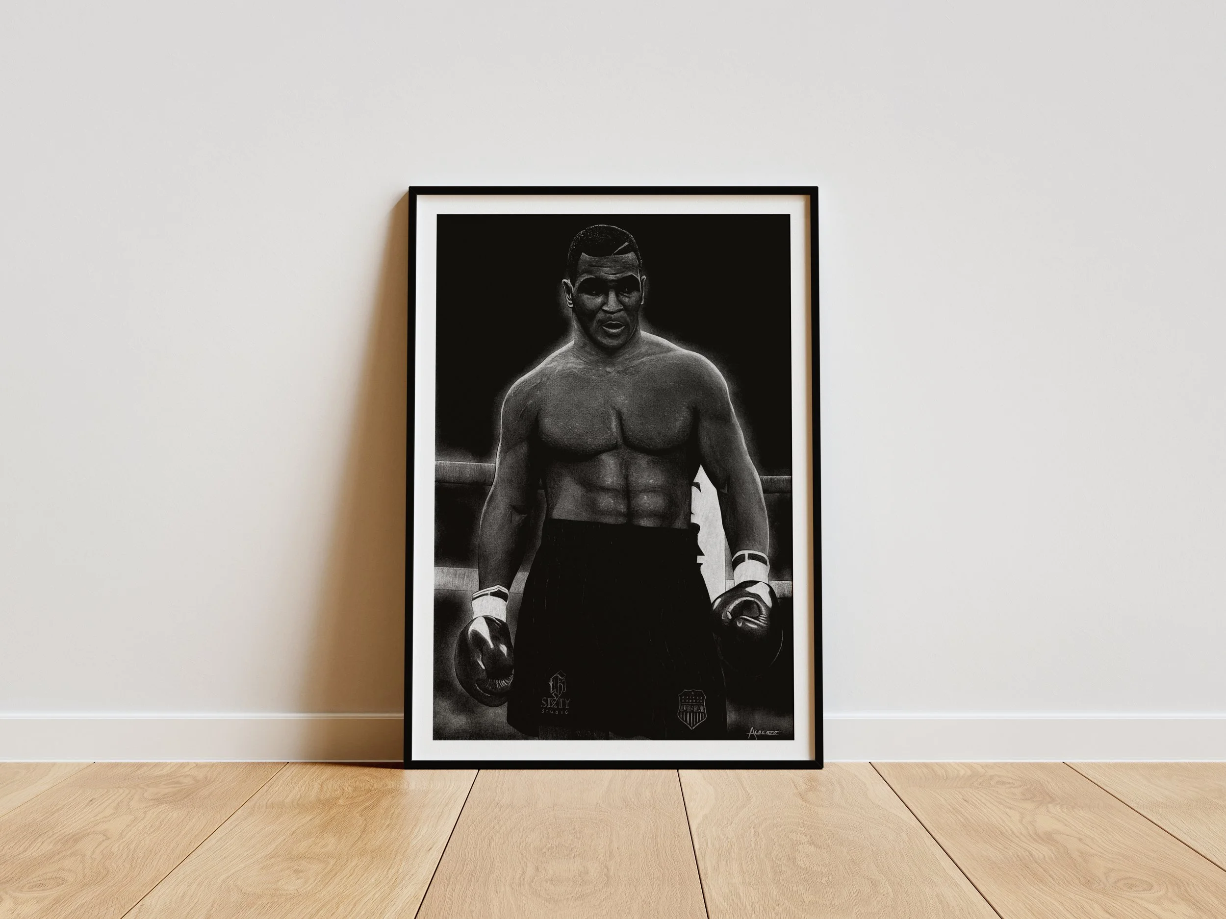 Dibujo a mano con lápiz en blanco y negro de Mike Tyson