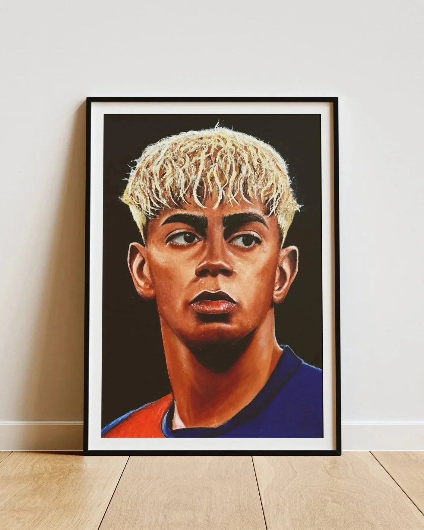 Dibujo Ilustración a mano técnica óleo a pincel   de Lamine Yamal jugador de futbol profesional 