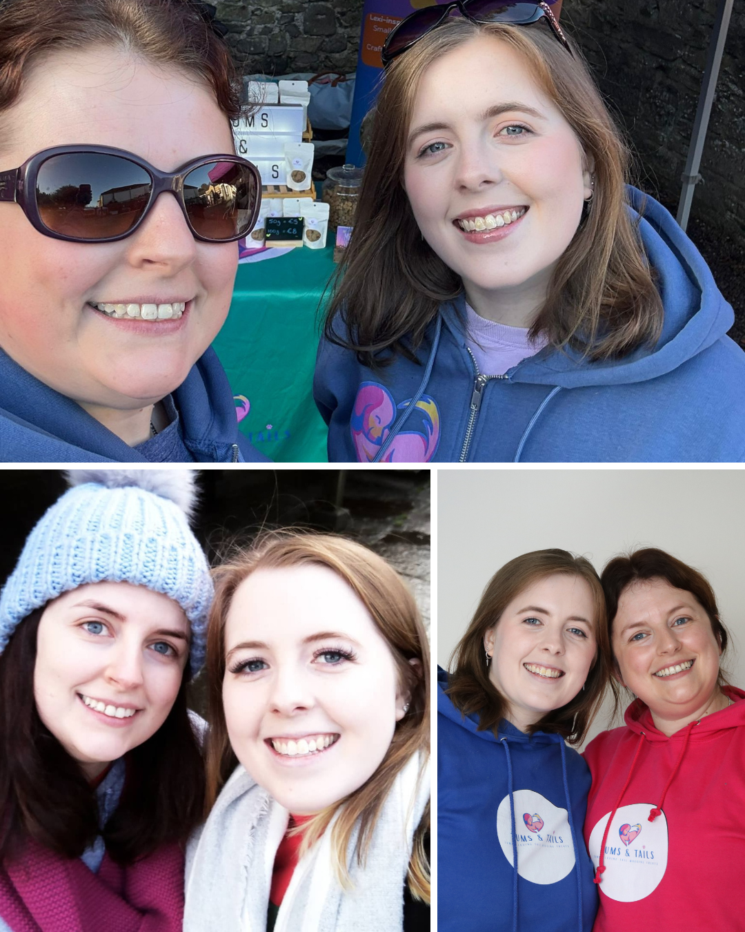 Three separate photos of two women together in each image. In the first photo, they are outdoors, smiling, with market stalls in the background. In the second photo, they are outside, dressed warmly with a blurred outdoor background. In the third photo, they are indoors against a plain wall, wearing matching hoodies with a heart logo and smiling.