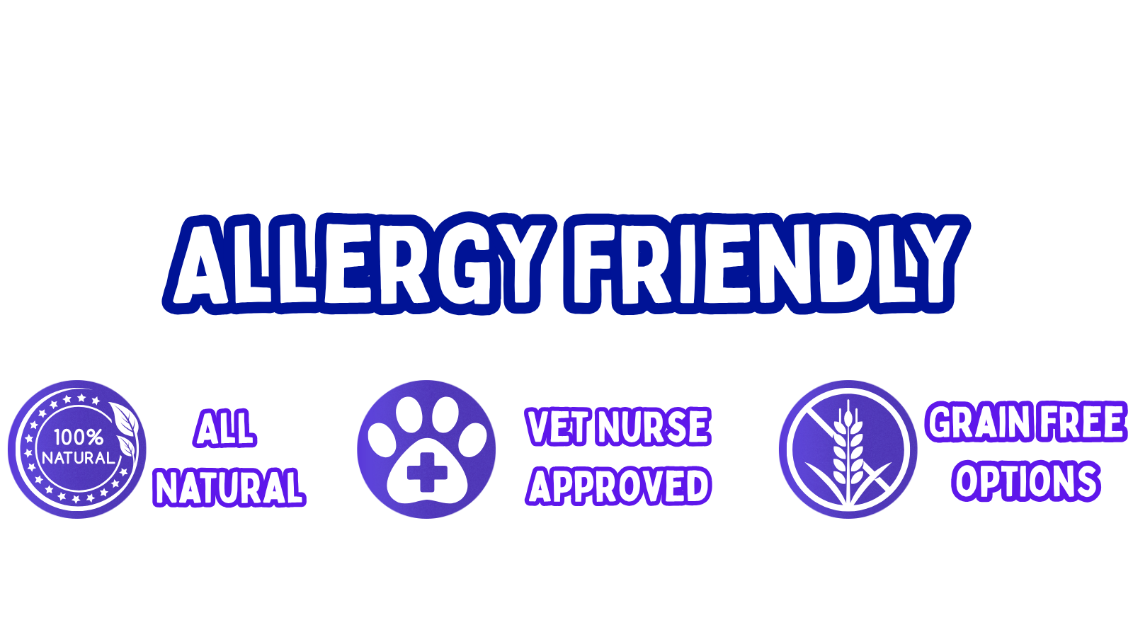 A label proclaiming 'Allergy Friendly' with icons and text indicating the product is 100% natural, vet nurse approved, grain free options.