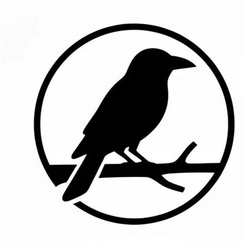 Black silhouette of a bird perched on a branch inside a circular border.