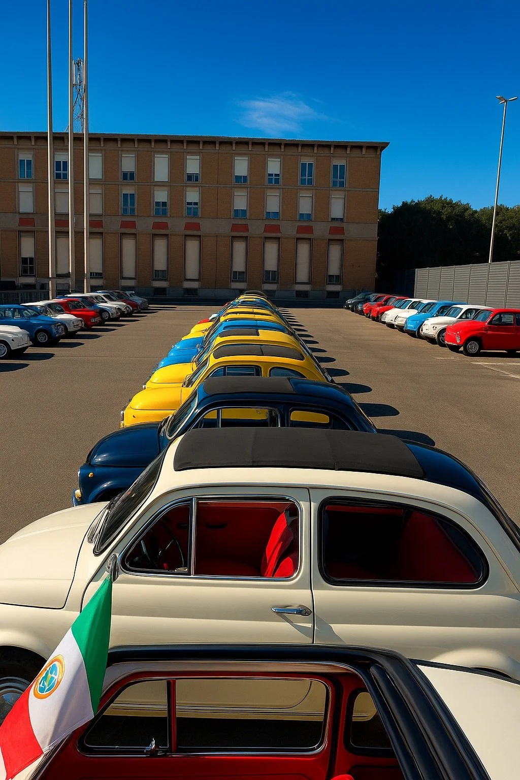 Auto d'epoca colorate parcheggiate in fila davanti a un edificio con un cielo azzurro.