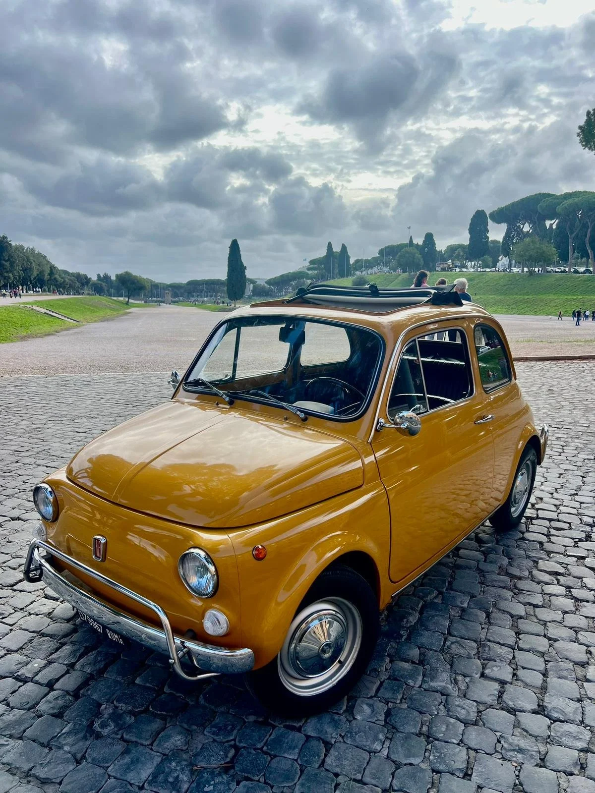 Auto d'epoca Fiat 500 gialla parcheggiata su pietre, con cielo nuvoloso e parco verde in background.
