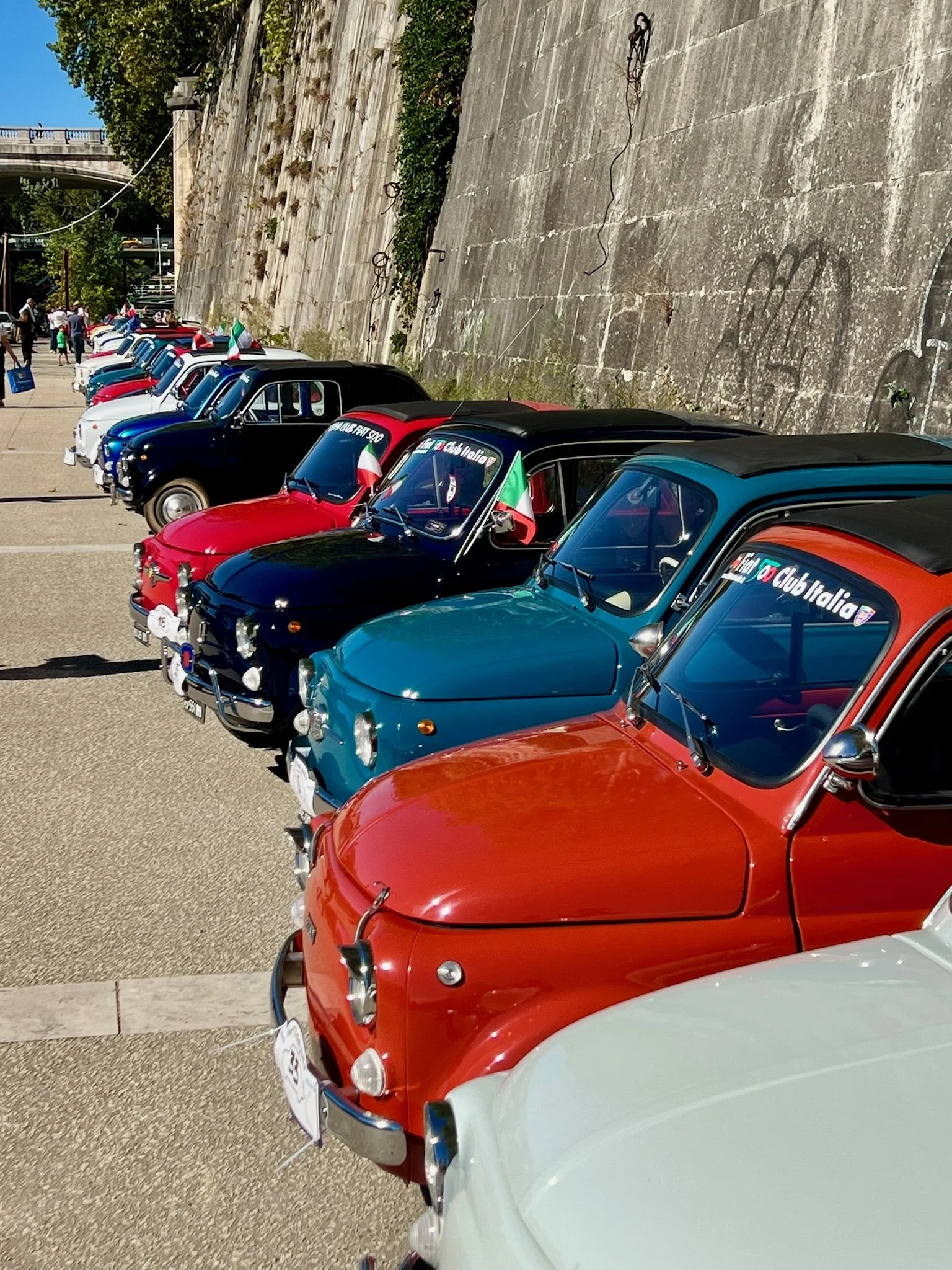 Righe di auto d'epoca colorate in esposizione, con bandiere dell'Italia sui parabrezza, parcheggiate lungo un muro di pietra.