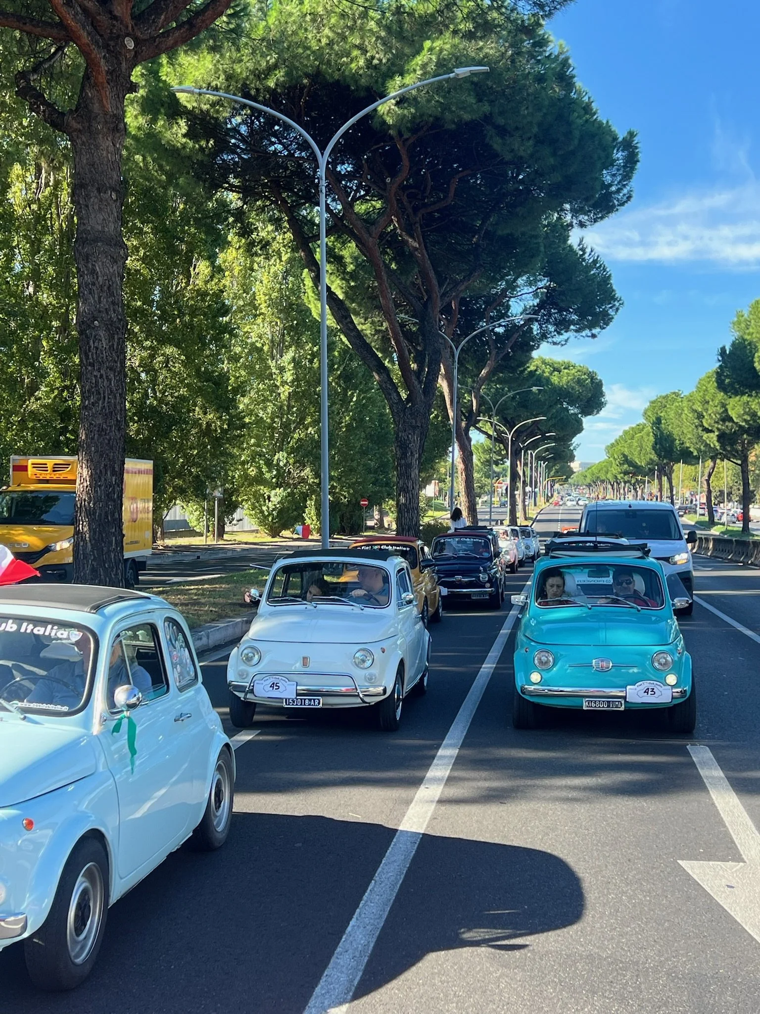 Una fila di vecchi automobili colorate parcheggiate lungo una strada alberata con molti alberi e lampioni. Il cielo è blu con poche nuvole.