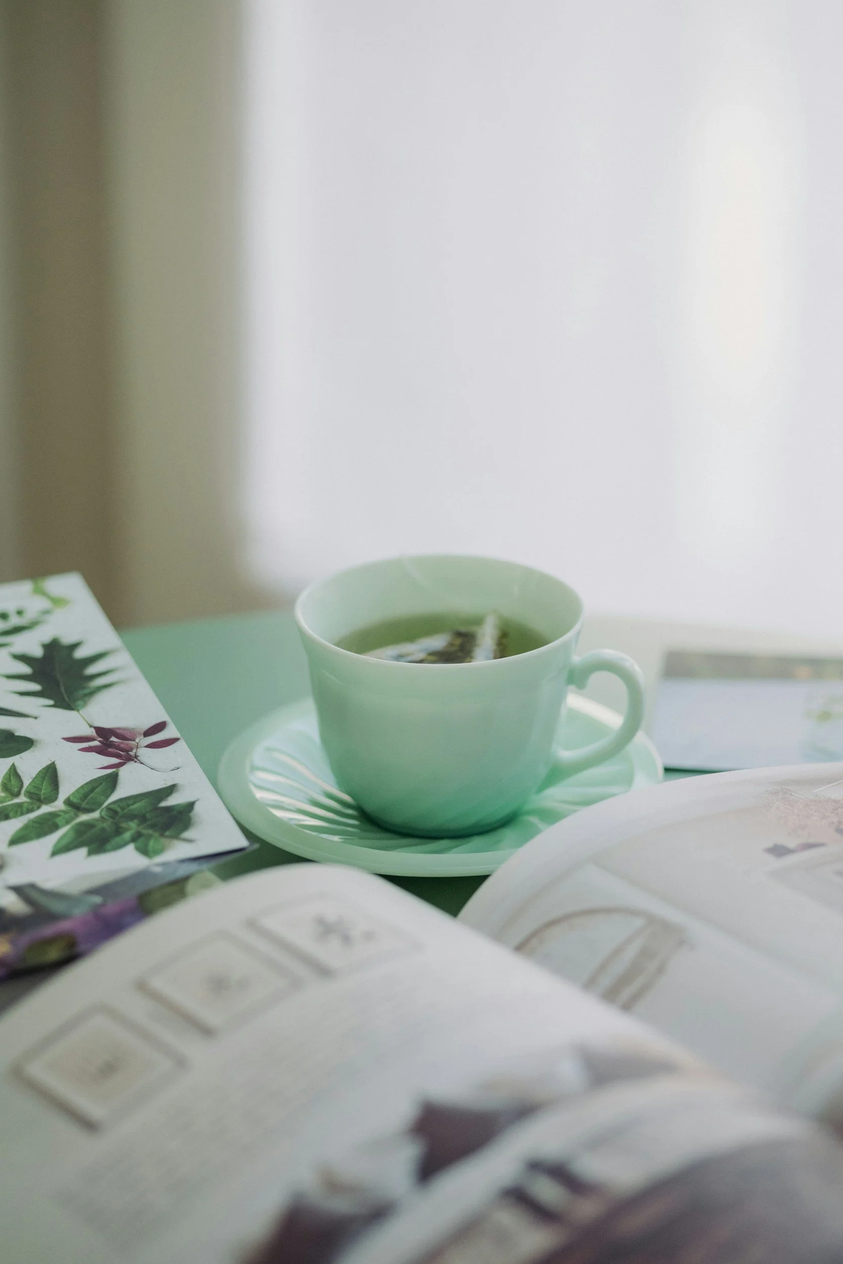 A light green cup with a saucer containing a tea bag placed on a table with an open magazine, and some botanical illustrations nearby.