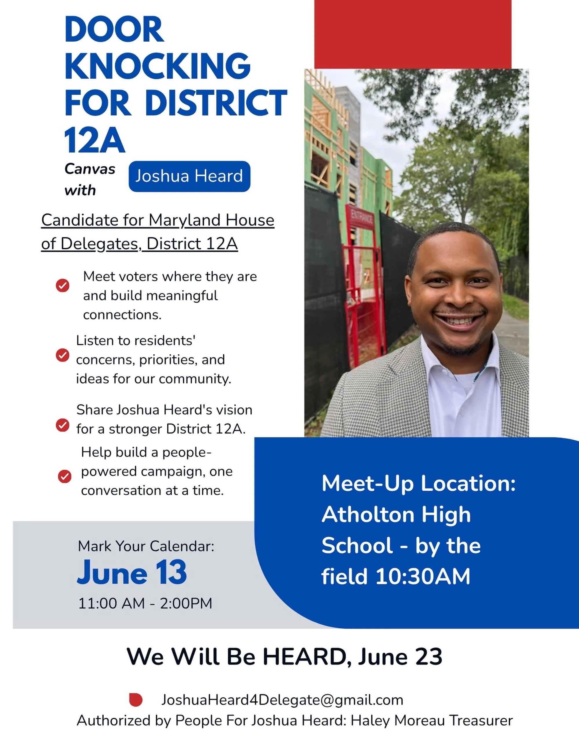 Every conversation matters. Every door matters.

Join Team Heard this Saturday, June 13, as we knock doors across District 12A and talk directly with voters about the future of our community.

This campaign is powered by people, not special interests