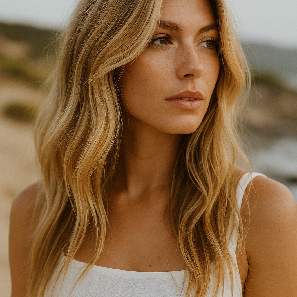 A woman with long, wavy blonde hair looking off to the side outdoors with a blurred landscape background.