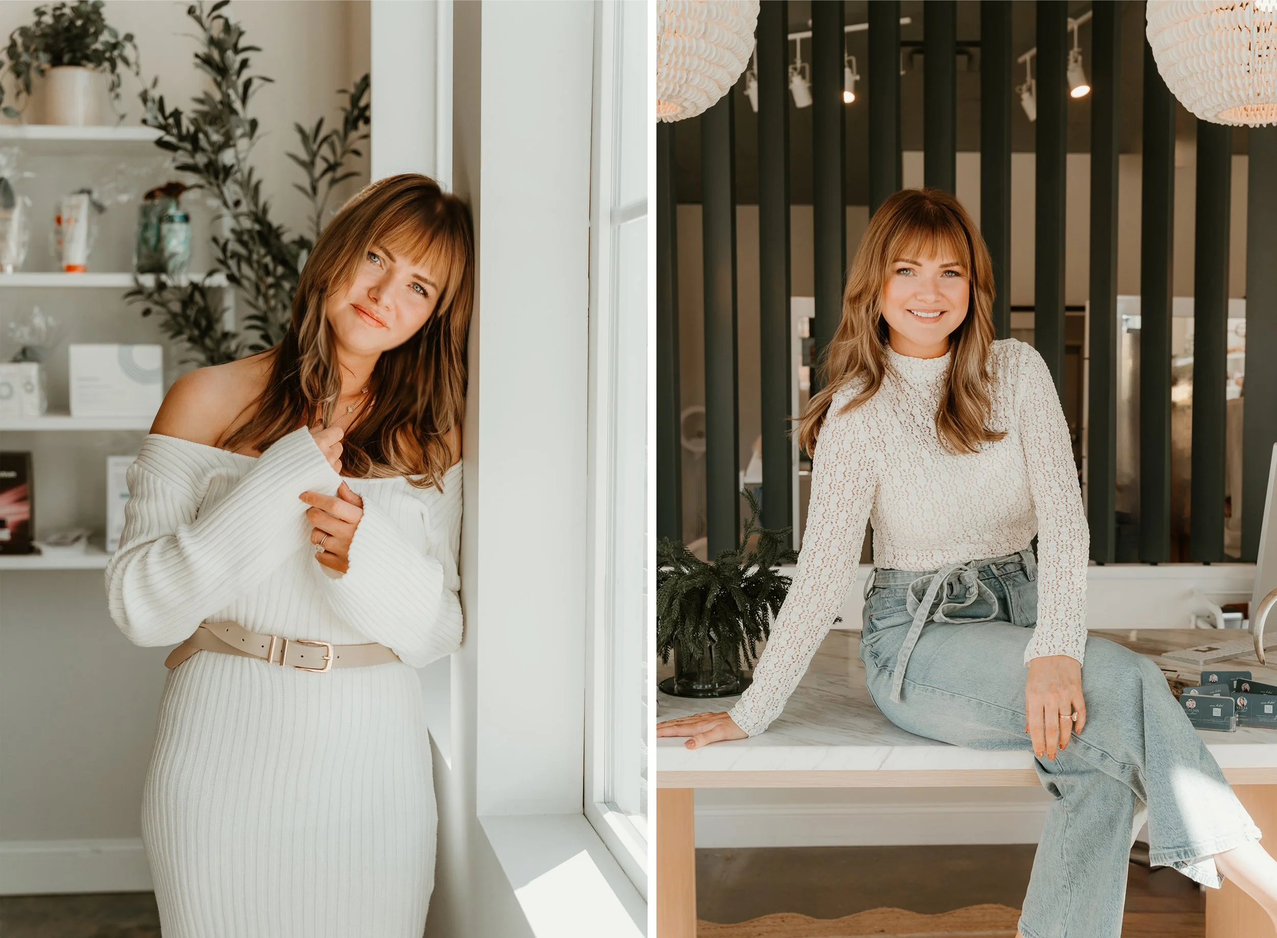 Side-by-side photos of a woman with shoulder-length brown hair and bangs, wearing a white off-the-shoulder ribbed dress with a beige belt in the left photo, and a white lace long-sleeve top with high-waist denim jeans in the right photo, smiling and posing indoors.