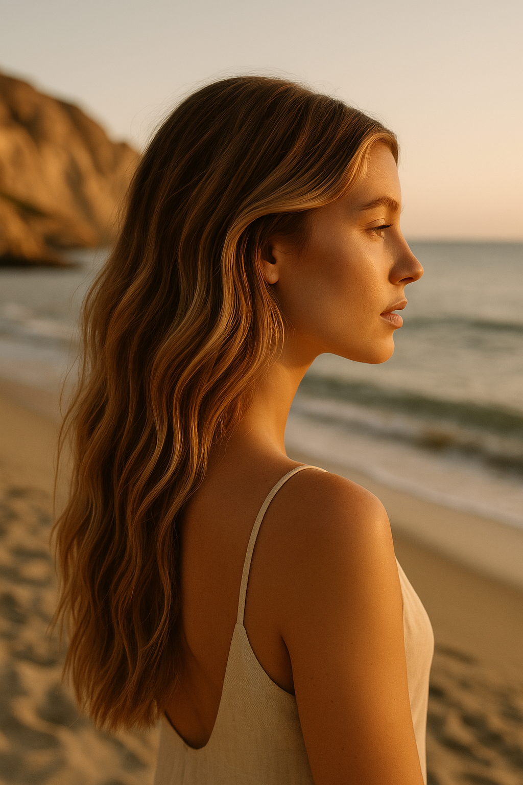 A woman with long, wavy hair looking to the right on a beach during sunset.