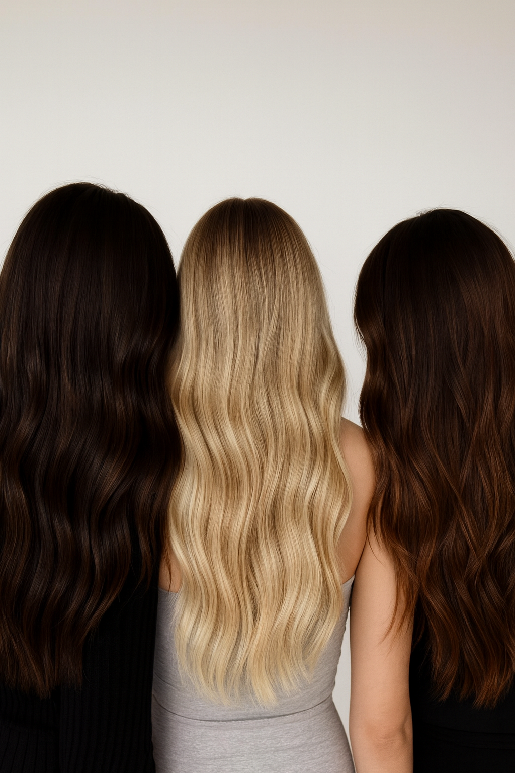 Three women with long wavy hair standing with their backs to the camera. The woman in the center has blonde hair, while the women on the left and right have dark brown hair.