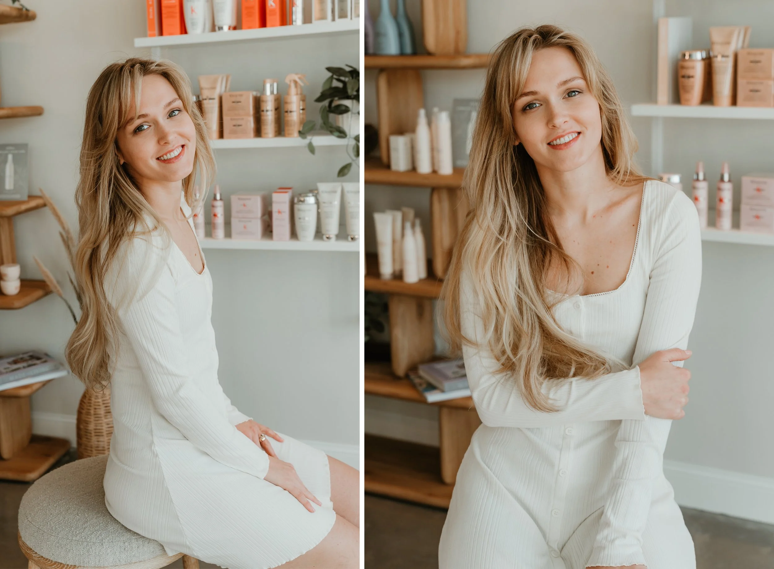 A young woman with long blonde hair, wearing a white dress, sitting on a stool in a skincare or beauty store with shelves of skincare products behind her. She is smiling and looking at the camera.
