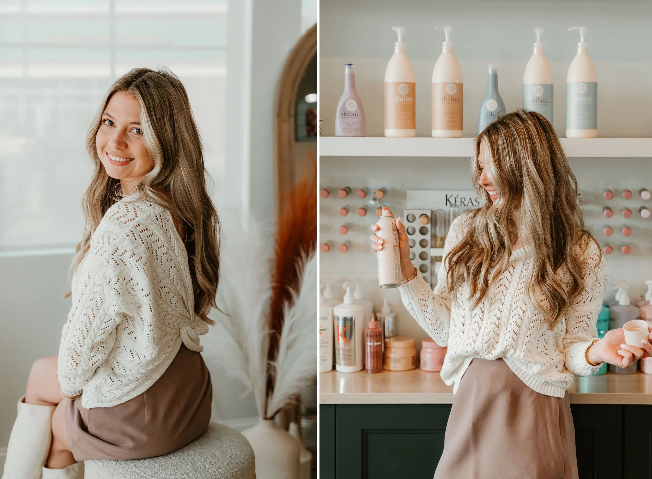 A woman with long wavy hair wearing a cream knit sweater and brown skirt, smiling and sitting on a stool, on the left side. On the right side, she is in a store holding a bottle of skincare product, looking at it, with shelves of skincare products behind her.