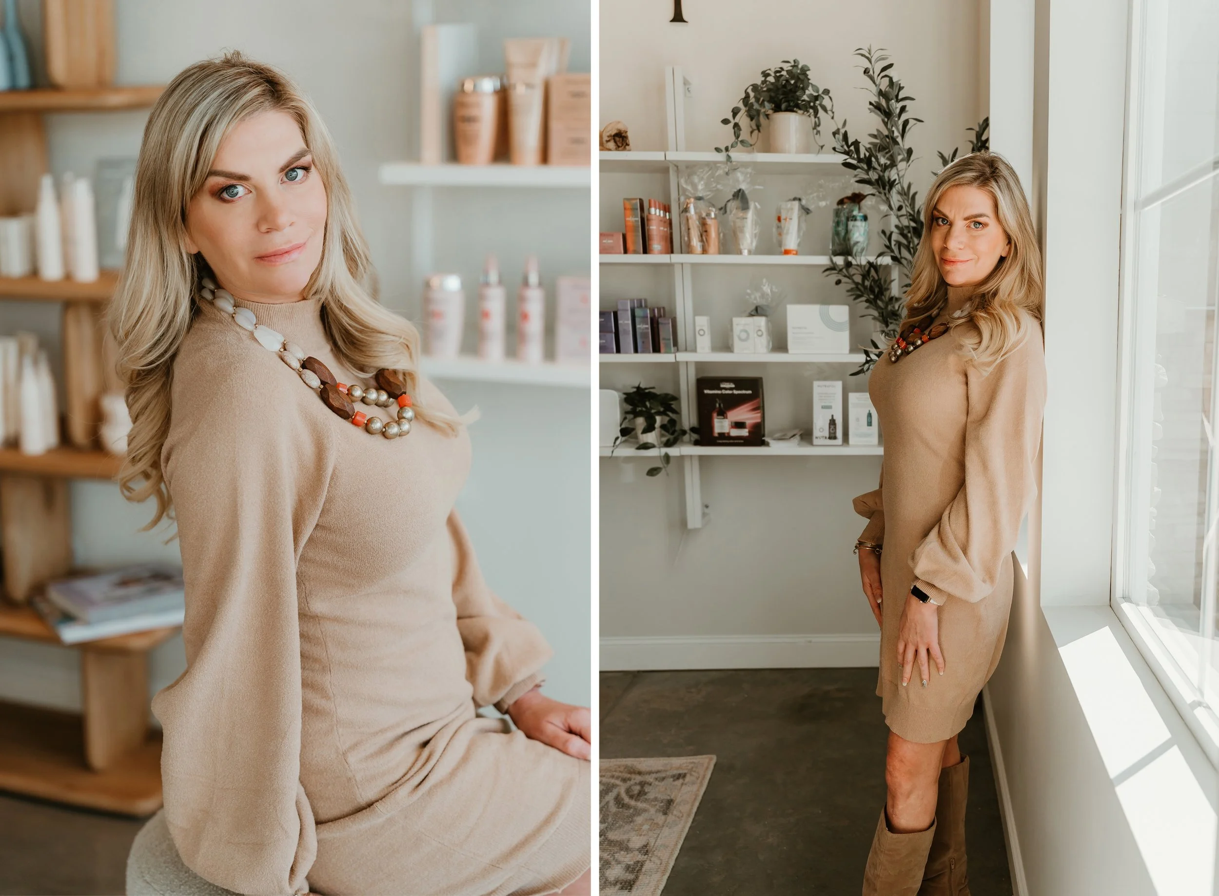 A woman with blonde hair wearing a beige dress and a colorful necklace in an indoor space with shelves of beauty products and plants.
