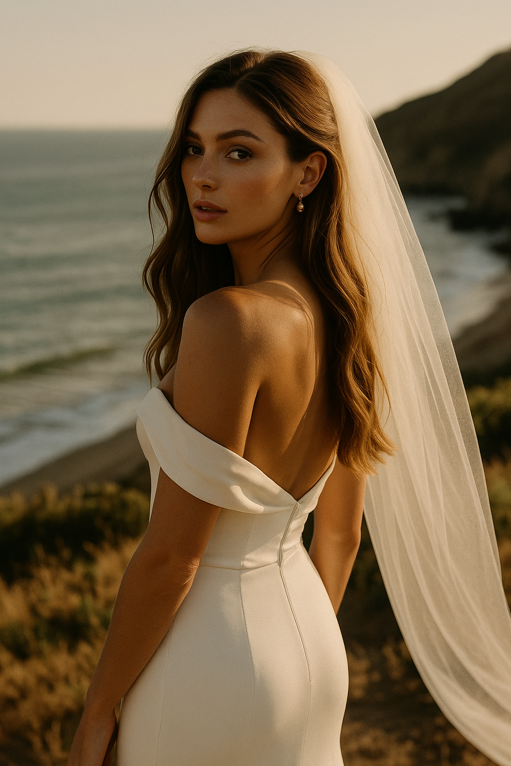 A woman in a white off-the-shoulder wedding dress with a veil standing on a beach at sunset, facing sideways with her head turned toward the camera.