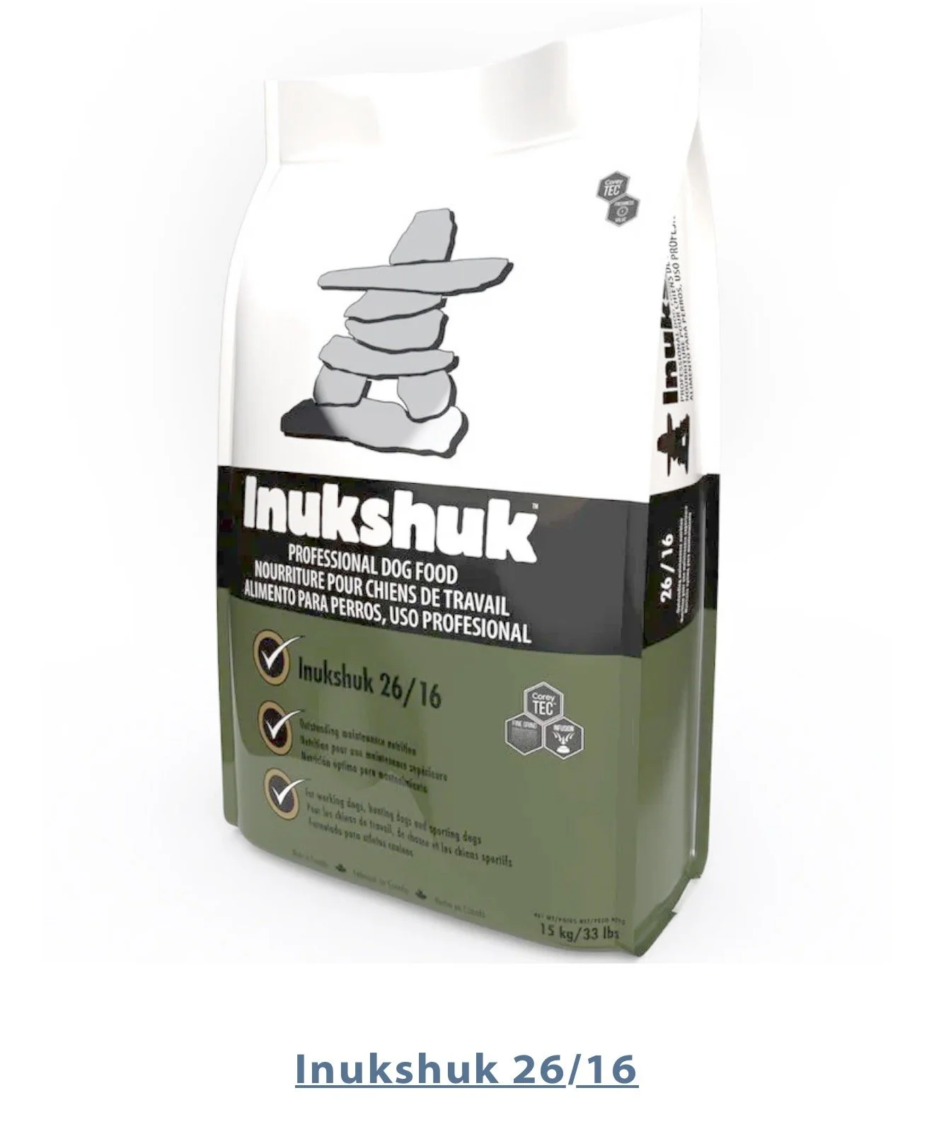 Bag of Inukshuk 26/16 professional dog food with a white top and green bottom, featuring a graphic of stacked rocks and text indicating its purpose for working dogs, with weight of 15 kg or 33 lbs.
