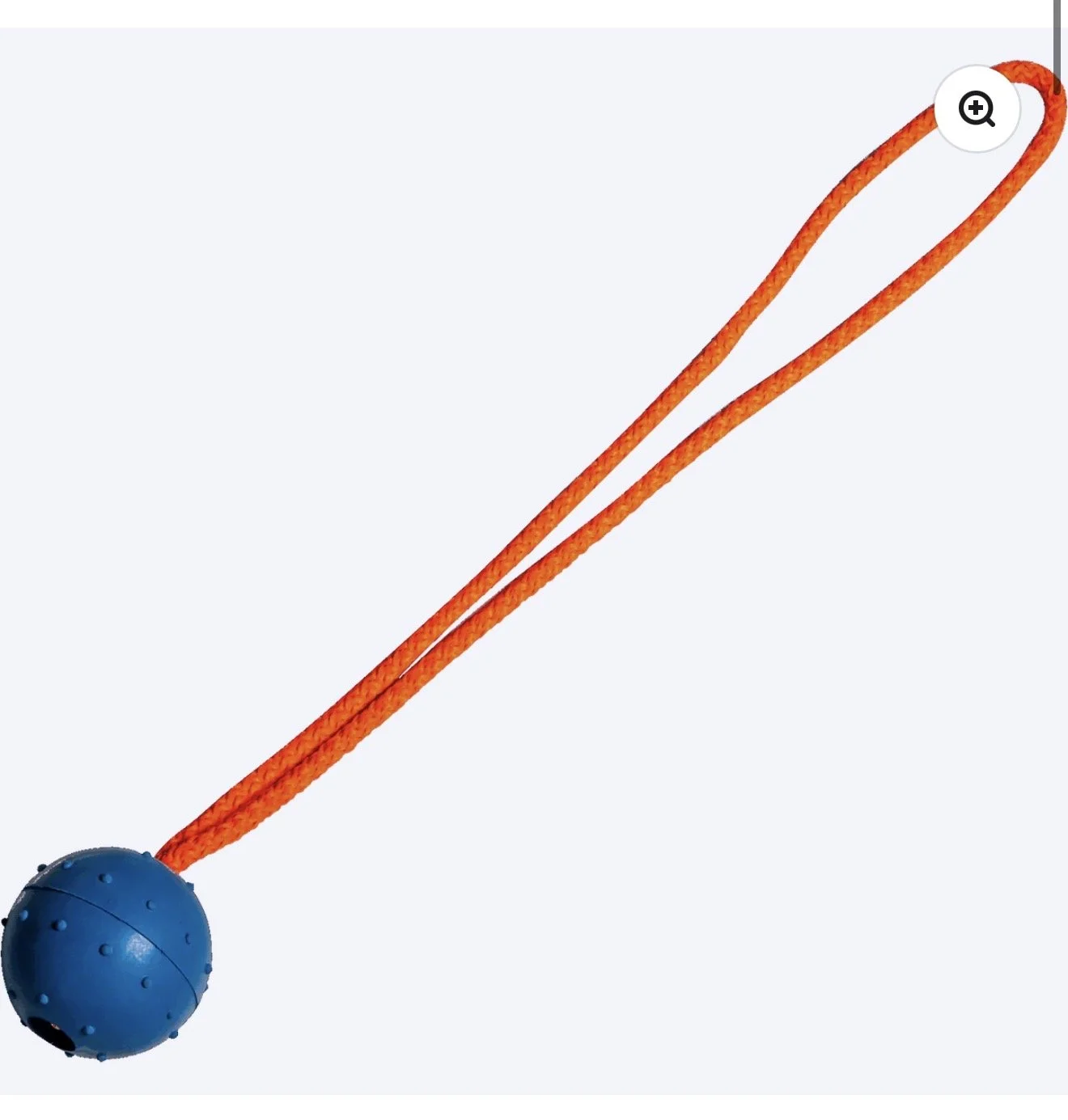 A blue ball attached to an orange string that is tied to a curved metal rod.