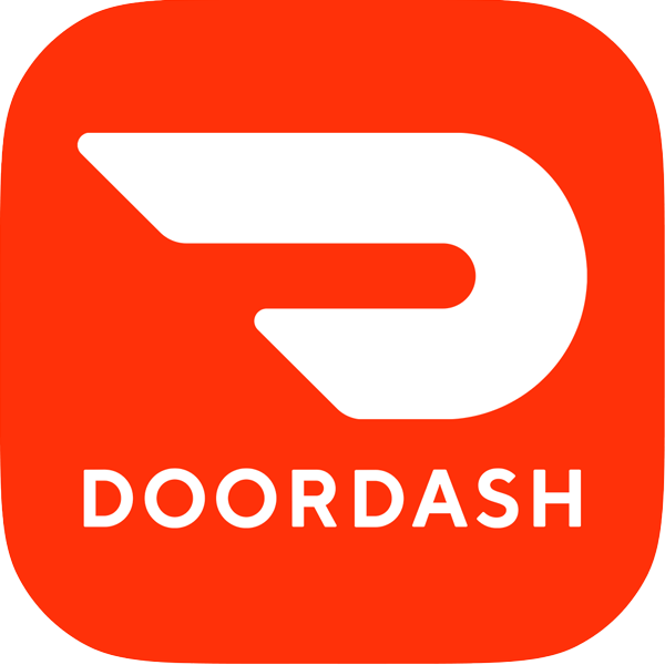DoorDash app logo with a stylized white D on an orange background and the word 'DoorDash' below.