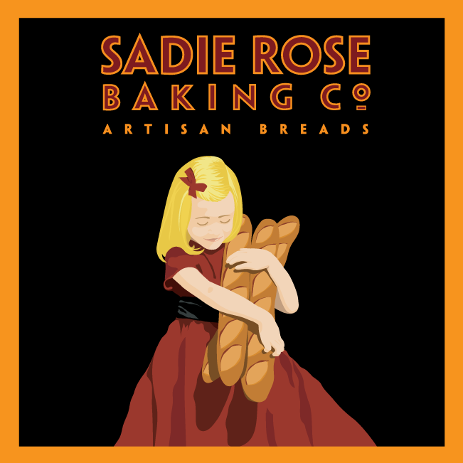 Logo for Sadie Rose Baking Co featuring a young girl with blonde hair holding a large loaf of bread.
