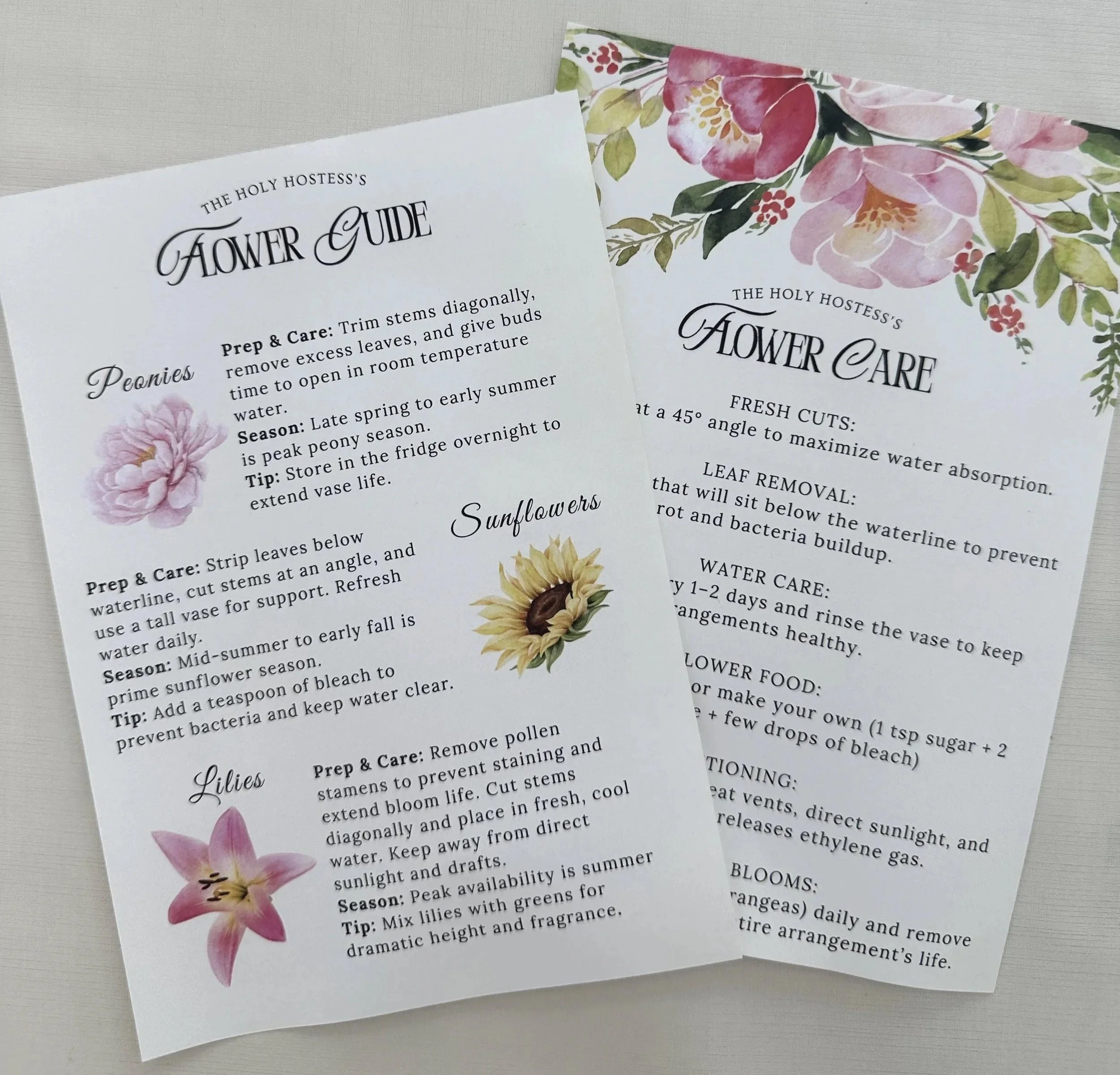 Two flower care guide pages, one with pink peonies and one with yellow sunflowers and a pink lily, including care instructions.