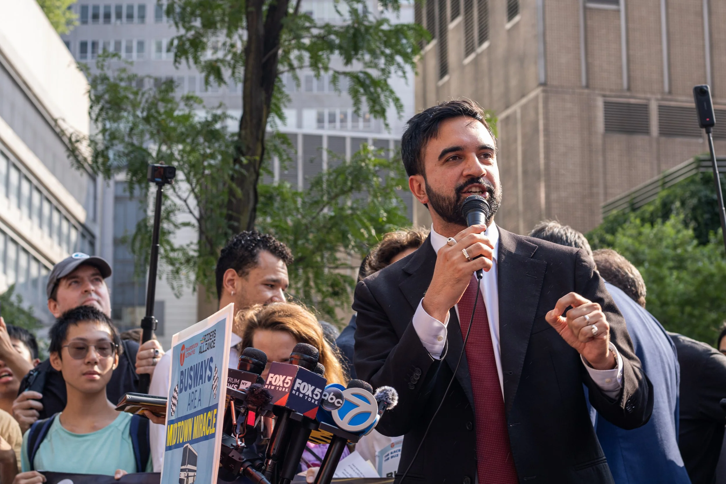 Zohran Mamdani, then a New York City mayoral candidate, speaks at a rally August 8, 2025, promoting the installation of a busway on 34th Street.