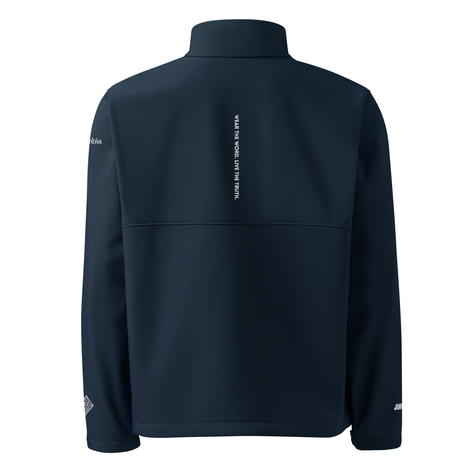 Model wearing DVNTRTH x Columbia navy blue softshell jacket, back view