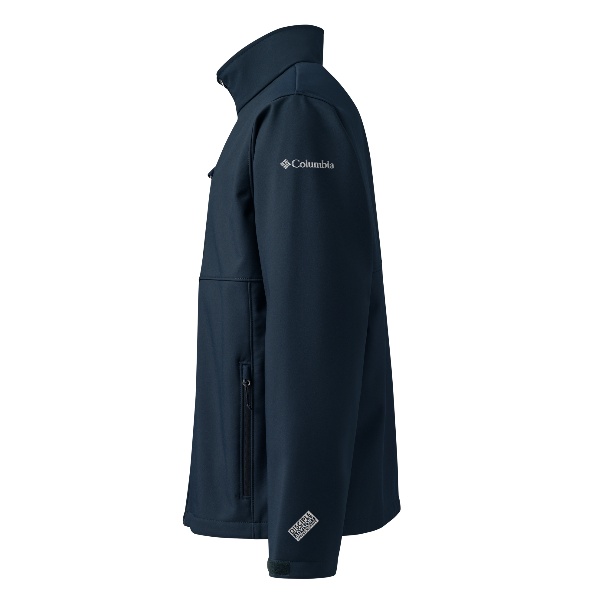 Model wearing DVNTRTH x Columbia navy blue softshell jacket, left view