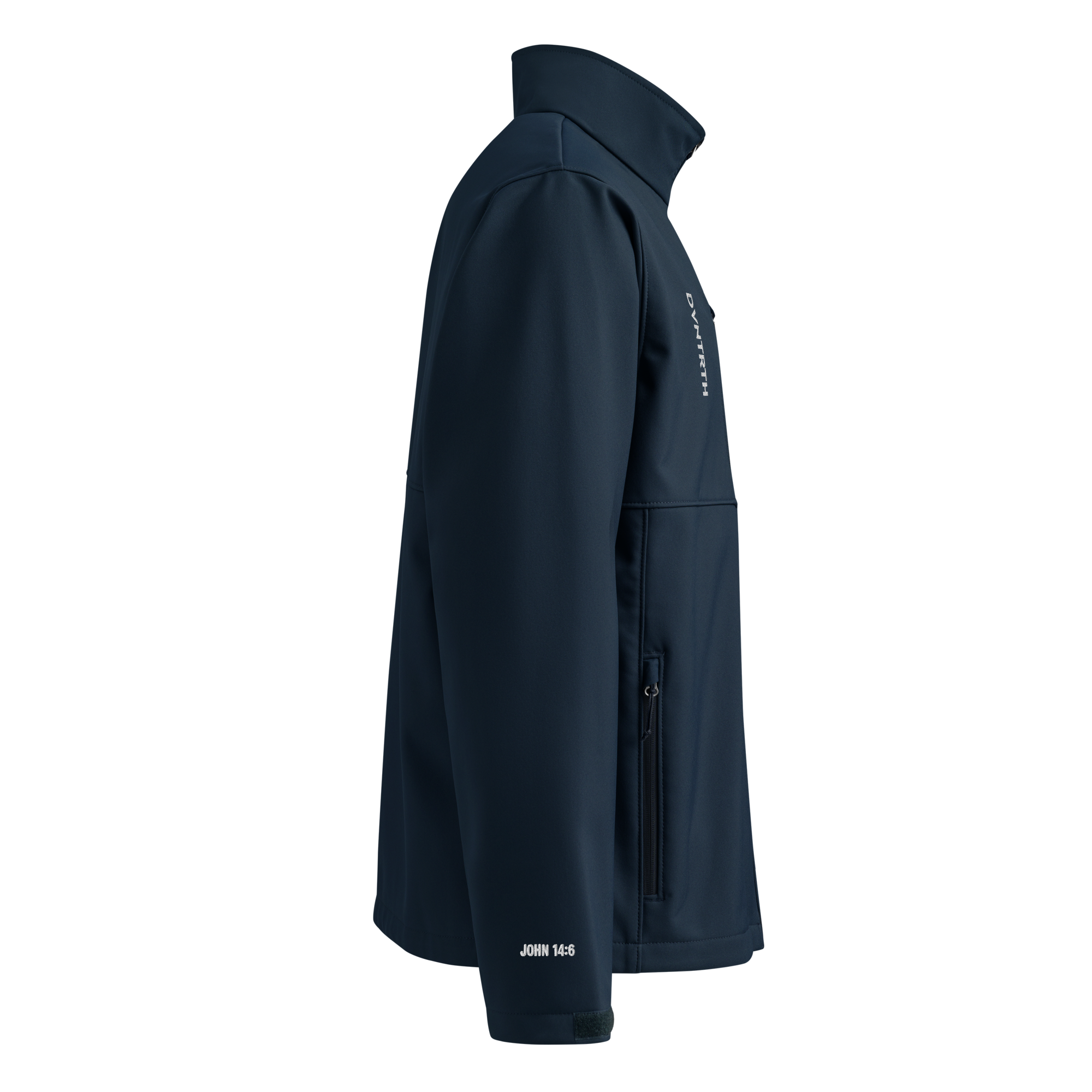 Model wearing DVNTRTH x Columbia navy blue softshell jacket, right view