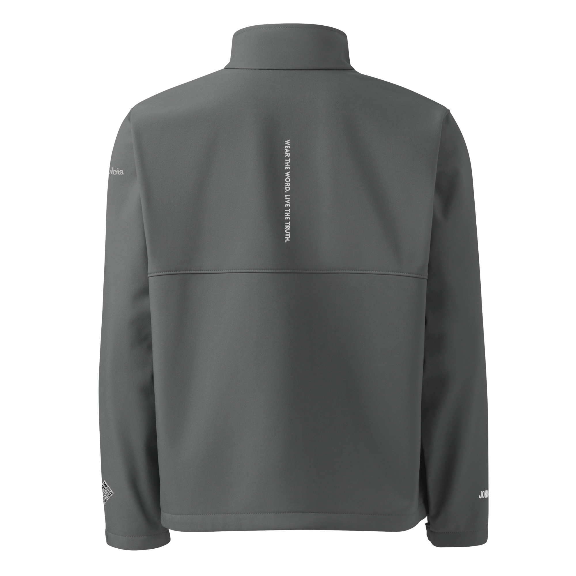 Model wearing DVNTRTH x Columbia gray softshell jacket, back view