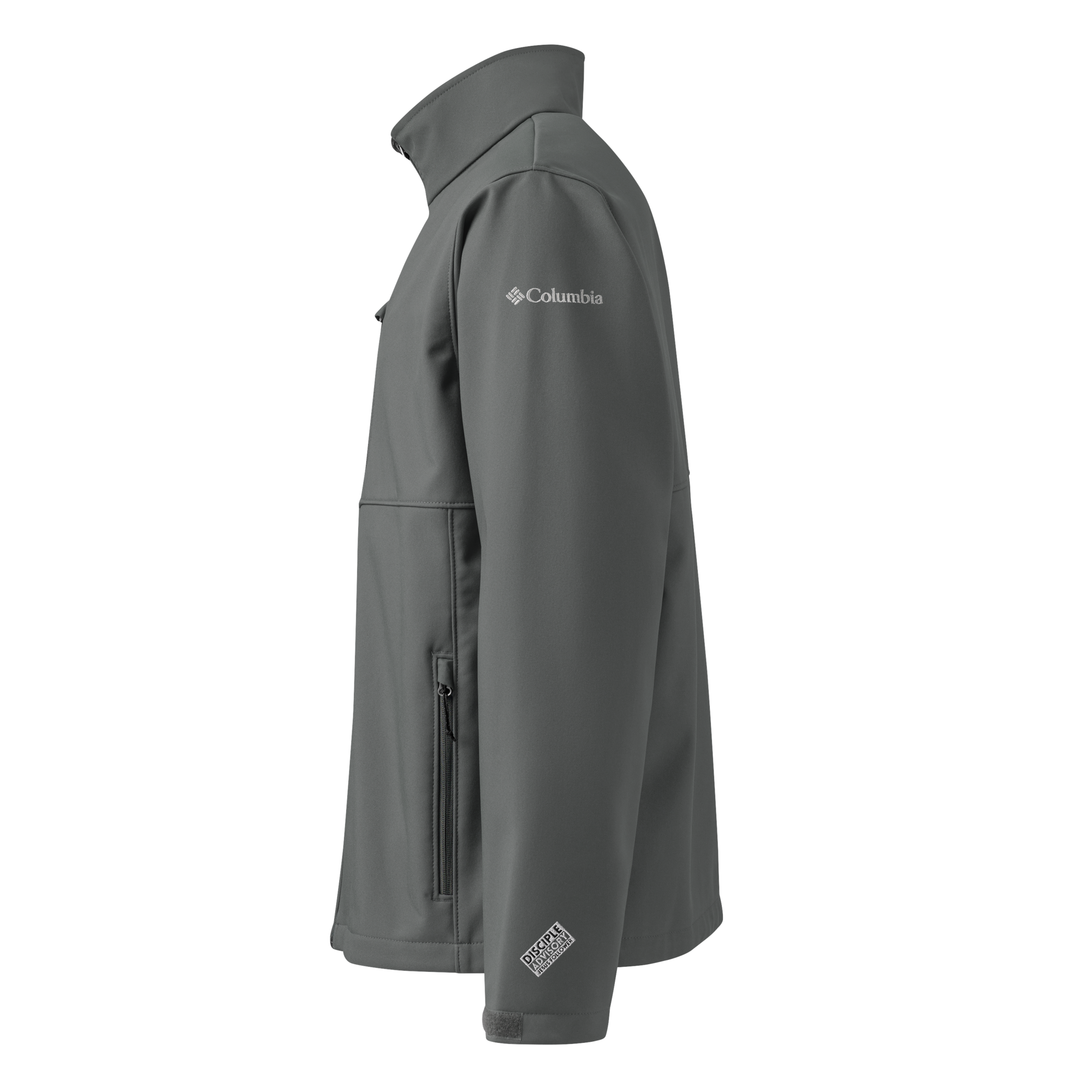 Model wearing DVNTRTH x Columbia gray softshell jacket, left view