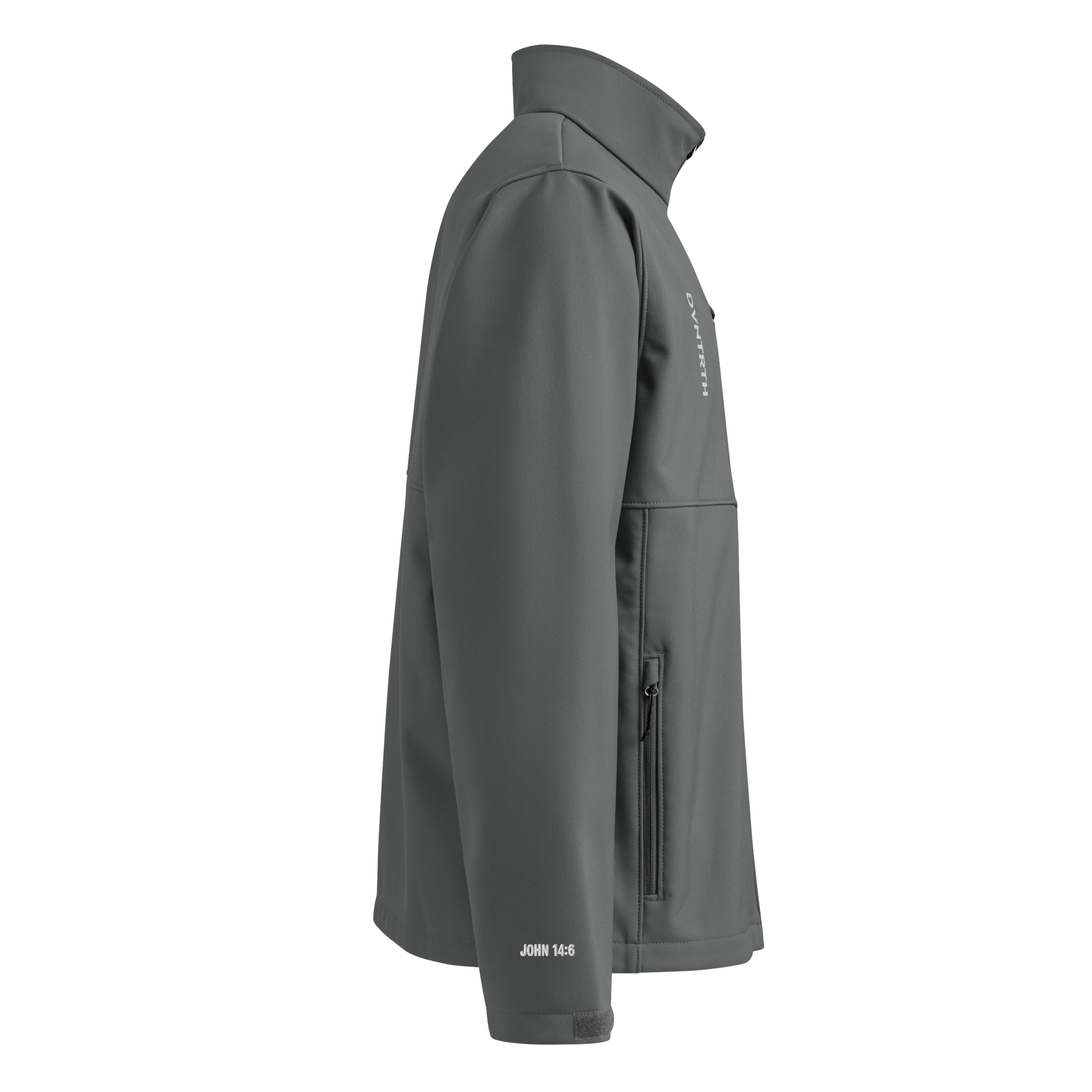 Model wearing DVNTRTH x Columbia gray softshell jacket, right view