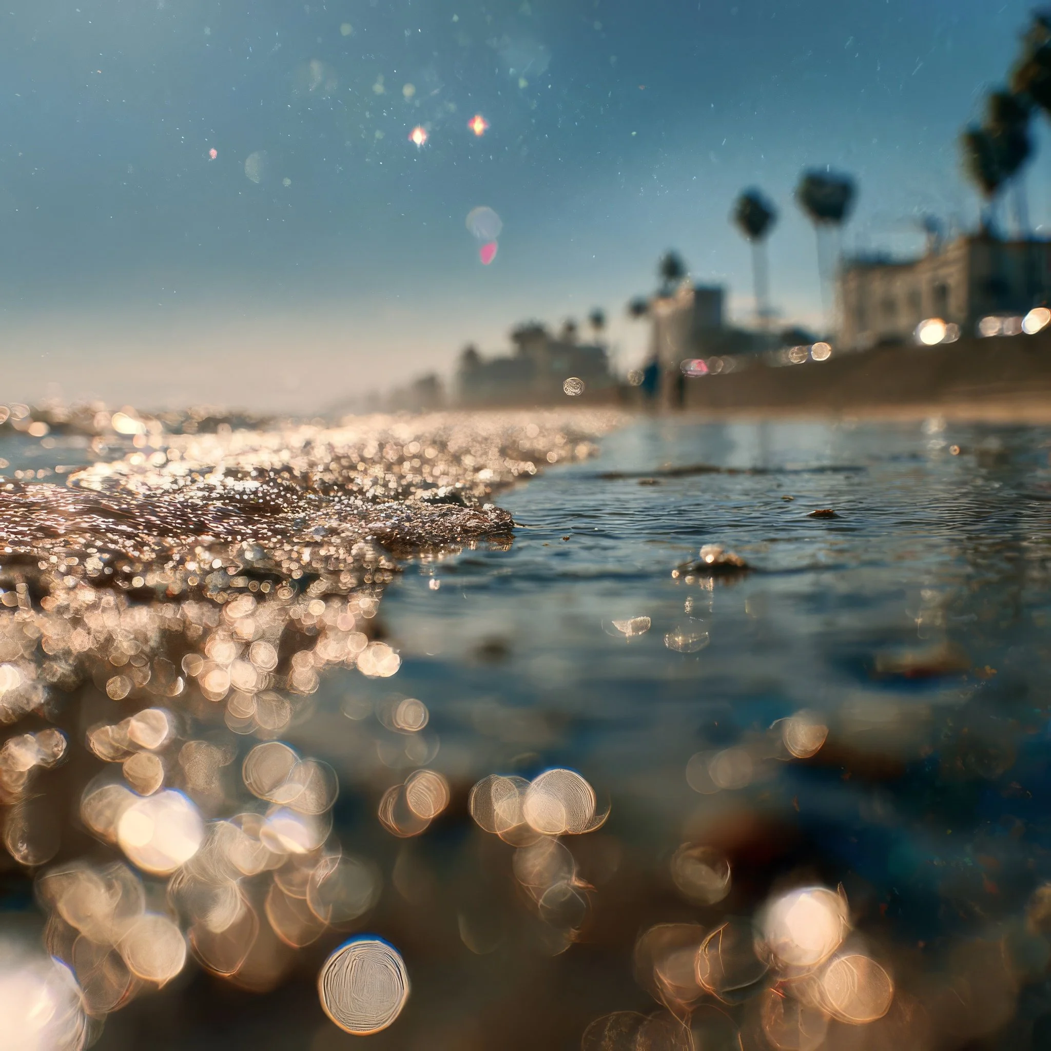 Close-up of the shoreline with small waves and shimmering sunlight on the water, with blurred buildings and palm trees in the background.