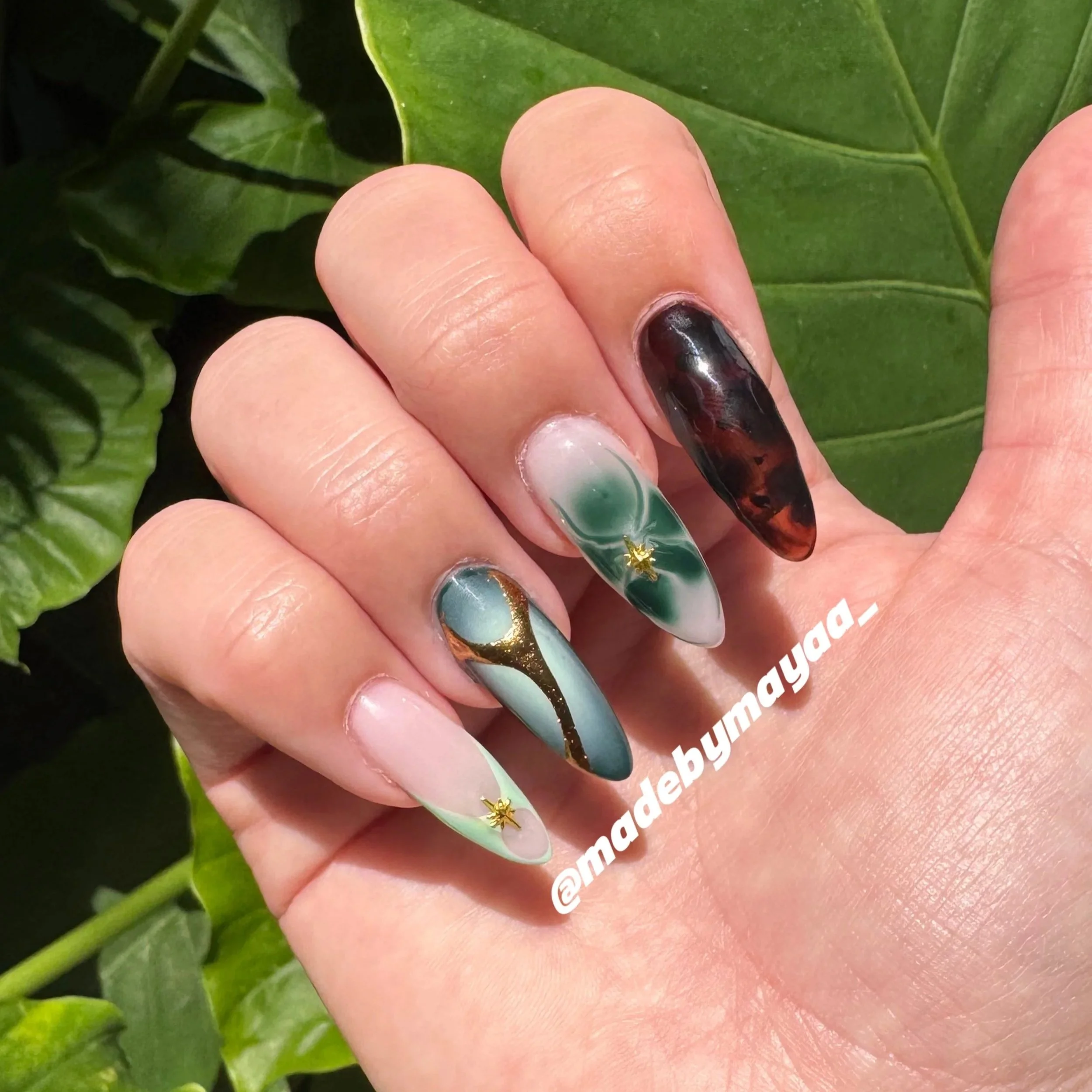 Close-up of a hand with elaborately designed nail art, featuring various colors and patterns, against green leaves background.