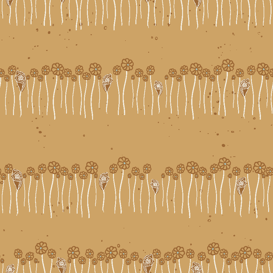Pattern of stylized flowers and plants with long stems in shades of brown and beige on a tan background.