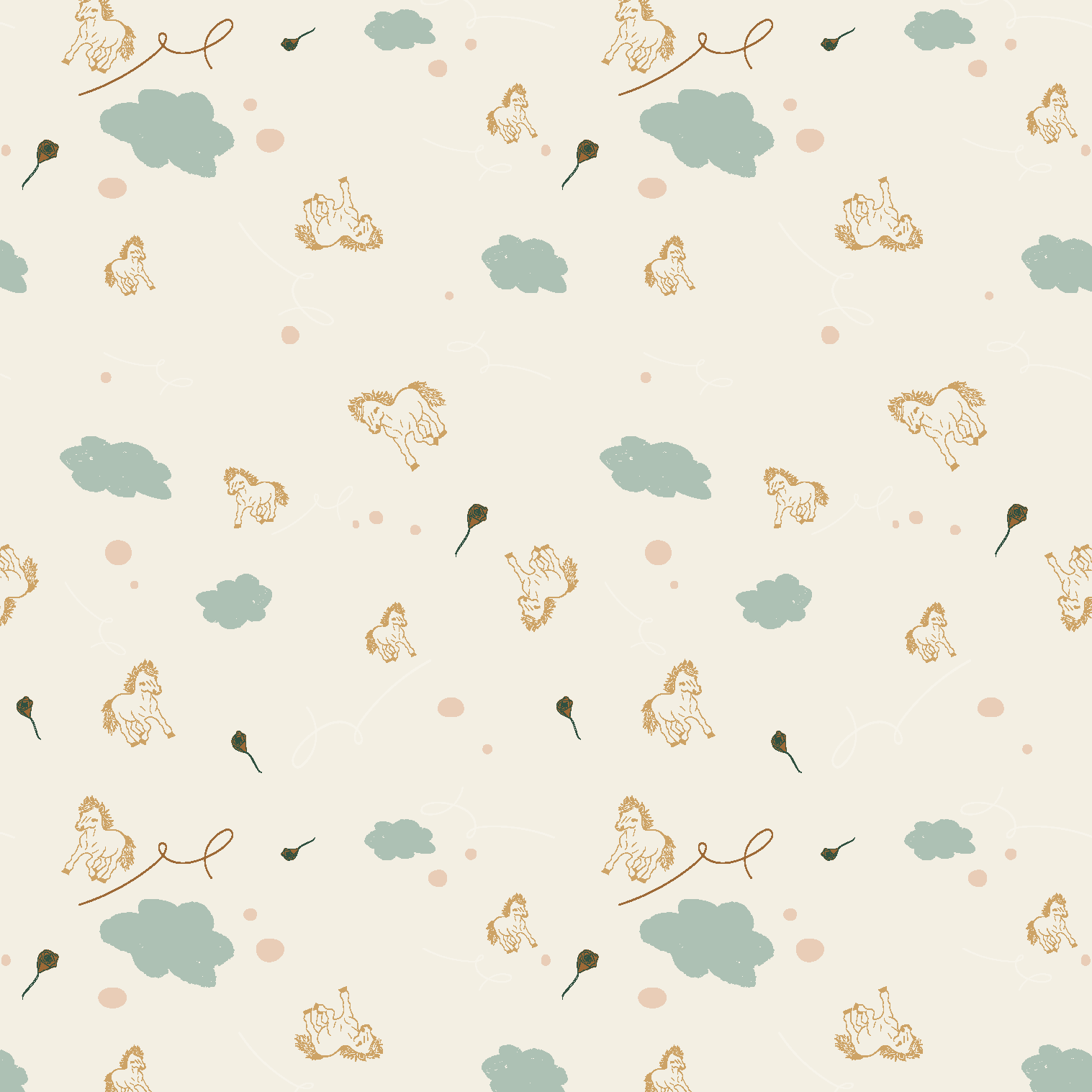 A seamless pattern with light blue clouds, beige horses, brown drawstrings, and small dark brown and pink elements on a cream background.