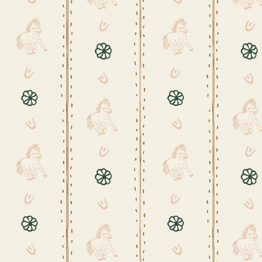 Pattern with light beige background featuring stylized horse and four-leaf clover motifs arranged in vertical stripes.