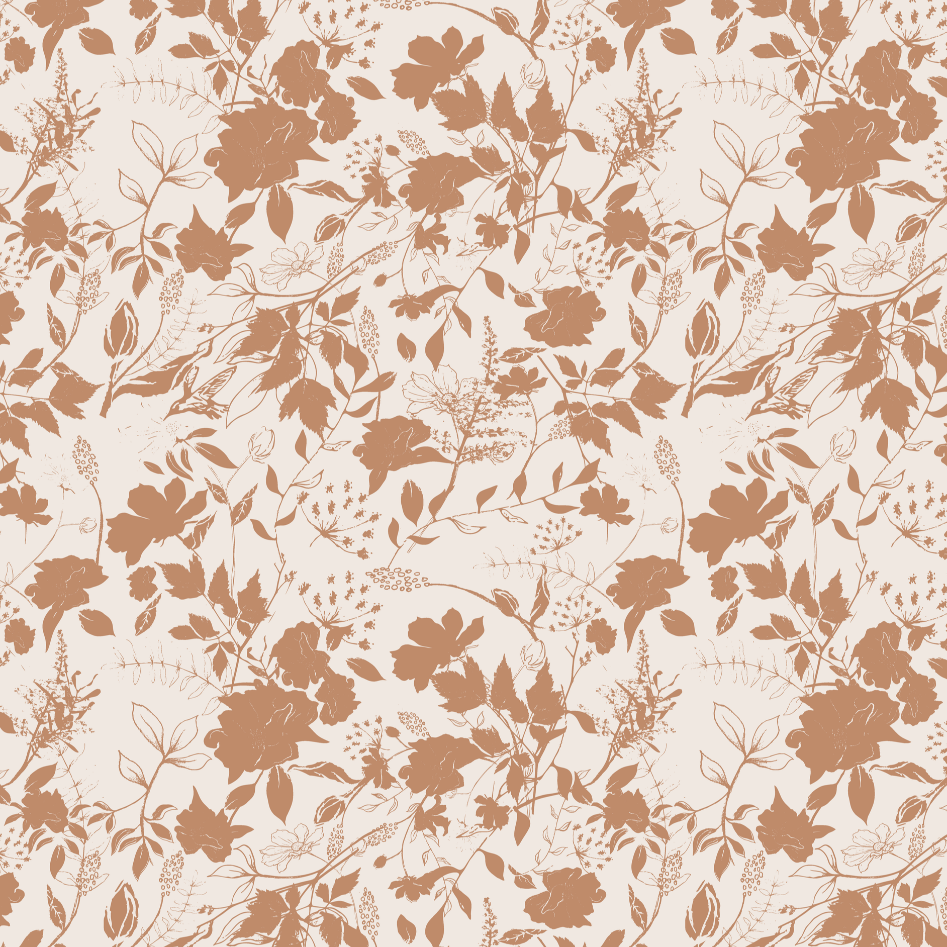 A seamless pattern of various floral and botanical illustrations in shades of brown on a cream background.