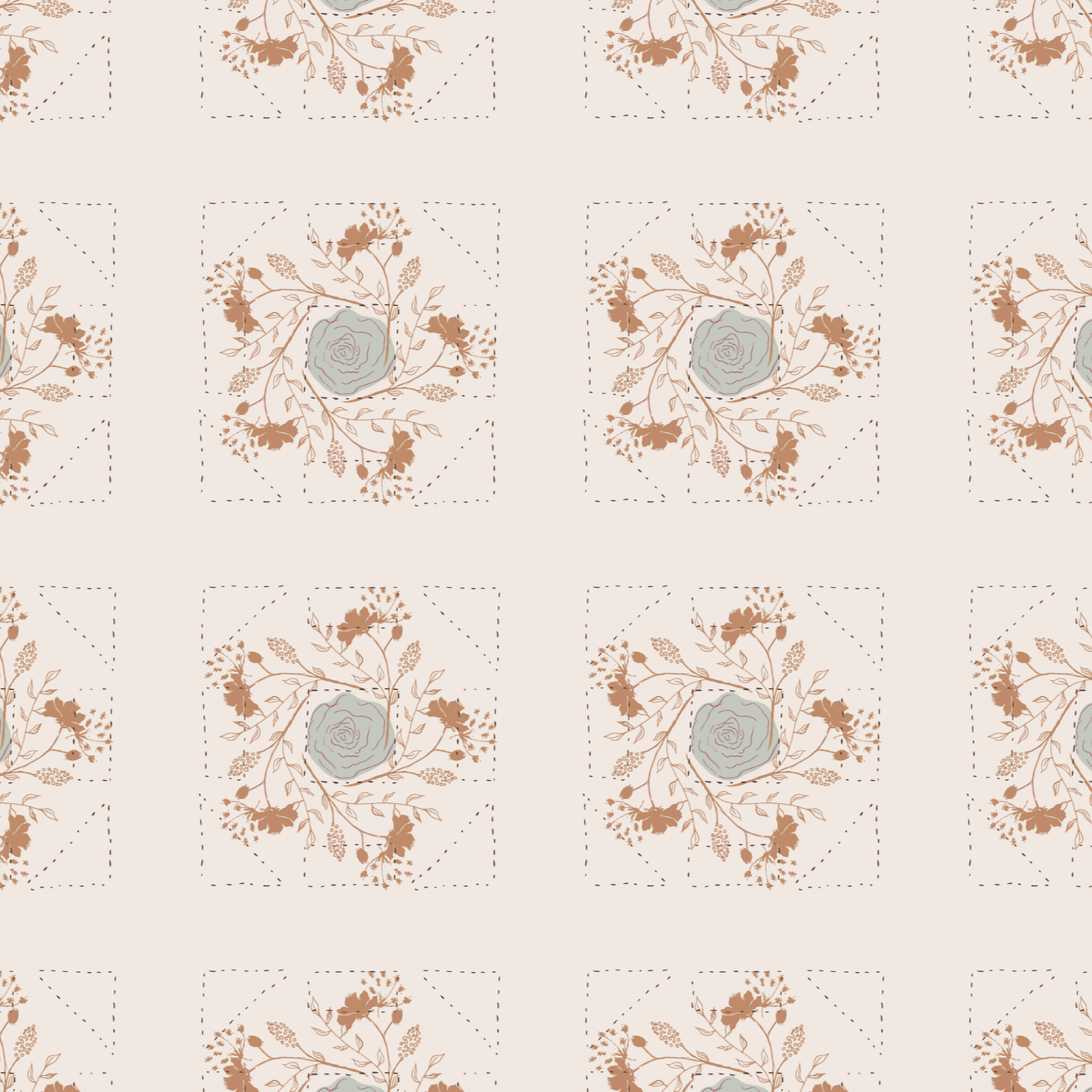 Repeating pattern of a floral design with a swirling gray center and brown leaves and branches on a beige background.