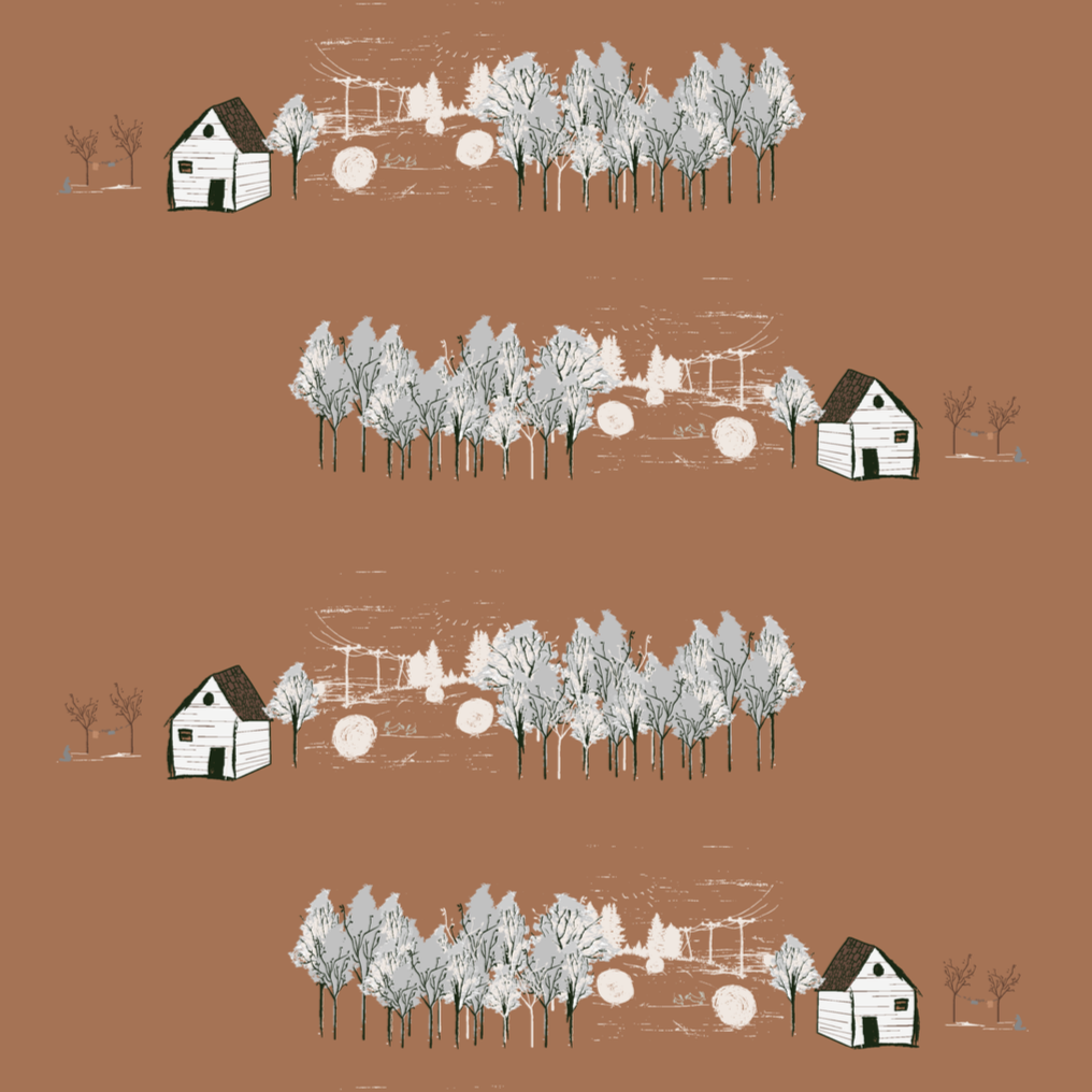 A repeating pattern of a rural scene with trees, a small house, and farm equipment on a brown background.