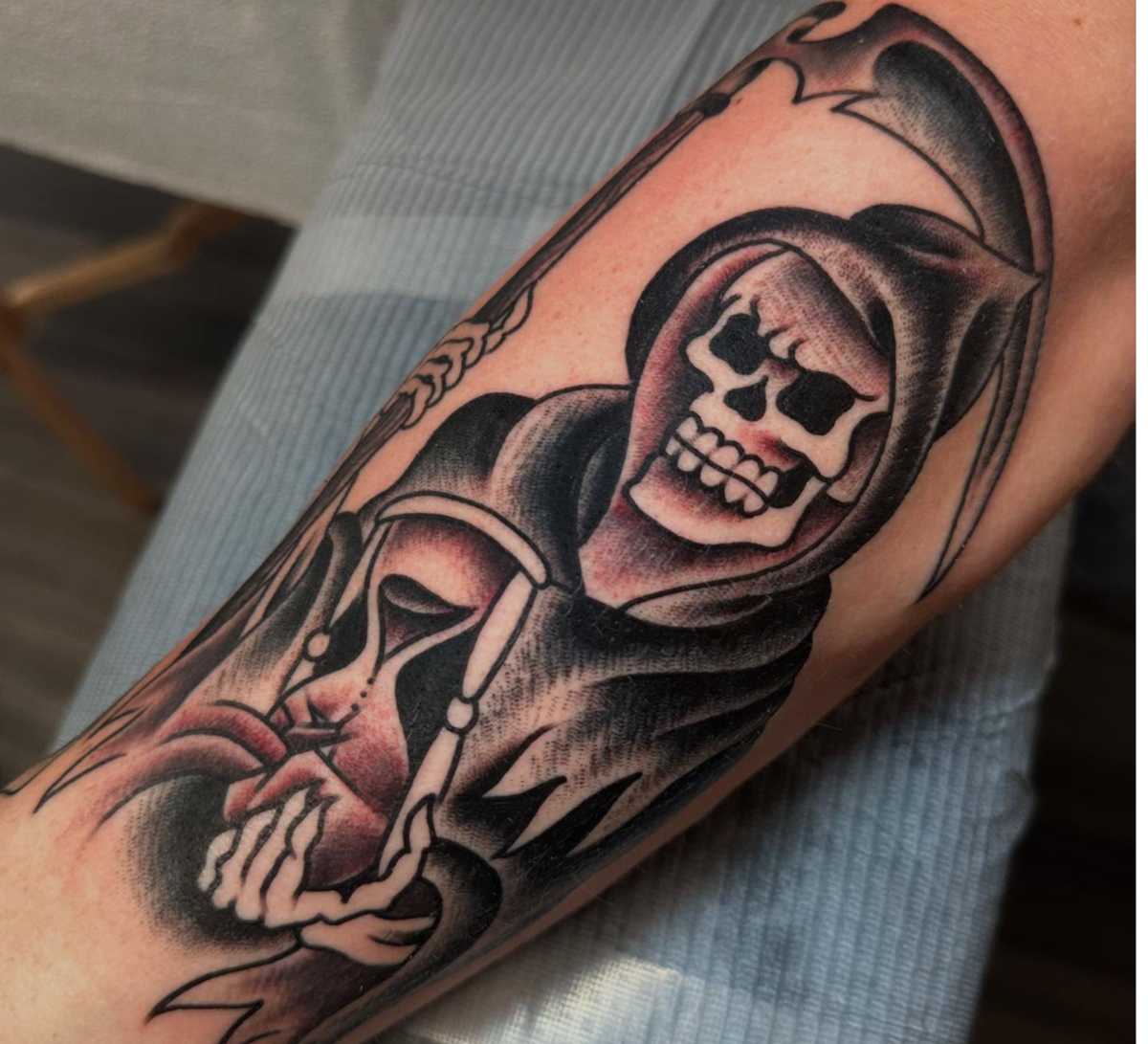 Reaper tattoo by Jeff Young, Traditional tattoo artist in San Diego 