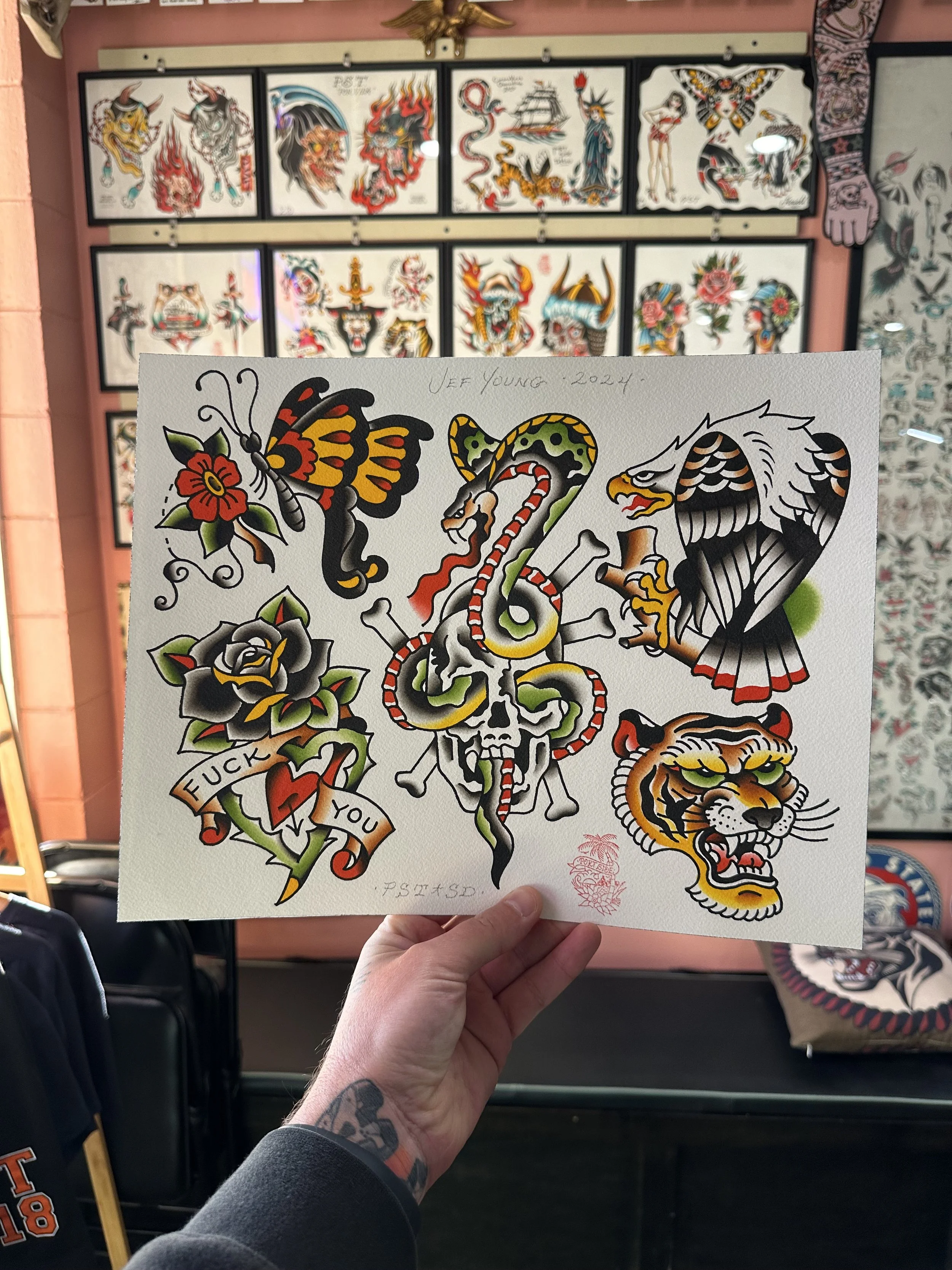 Flash designs by traditional tattoo artist Jeff Young in San Diego