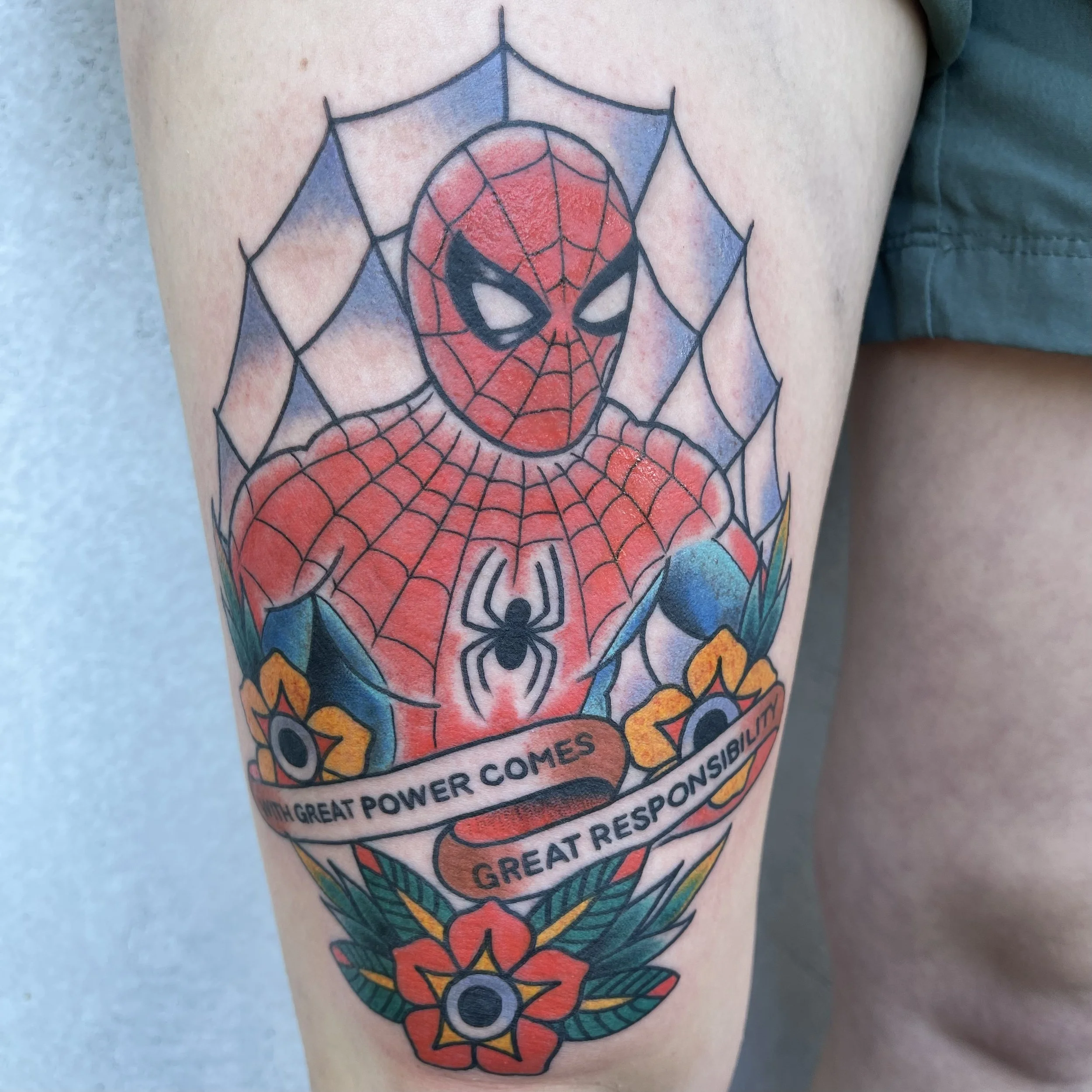 Spider-Man tattoo by traditional tattoo artist Jeff Young